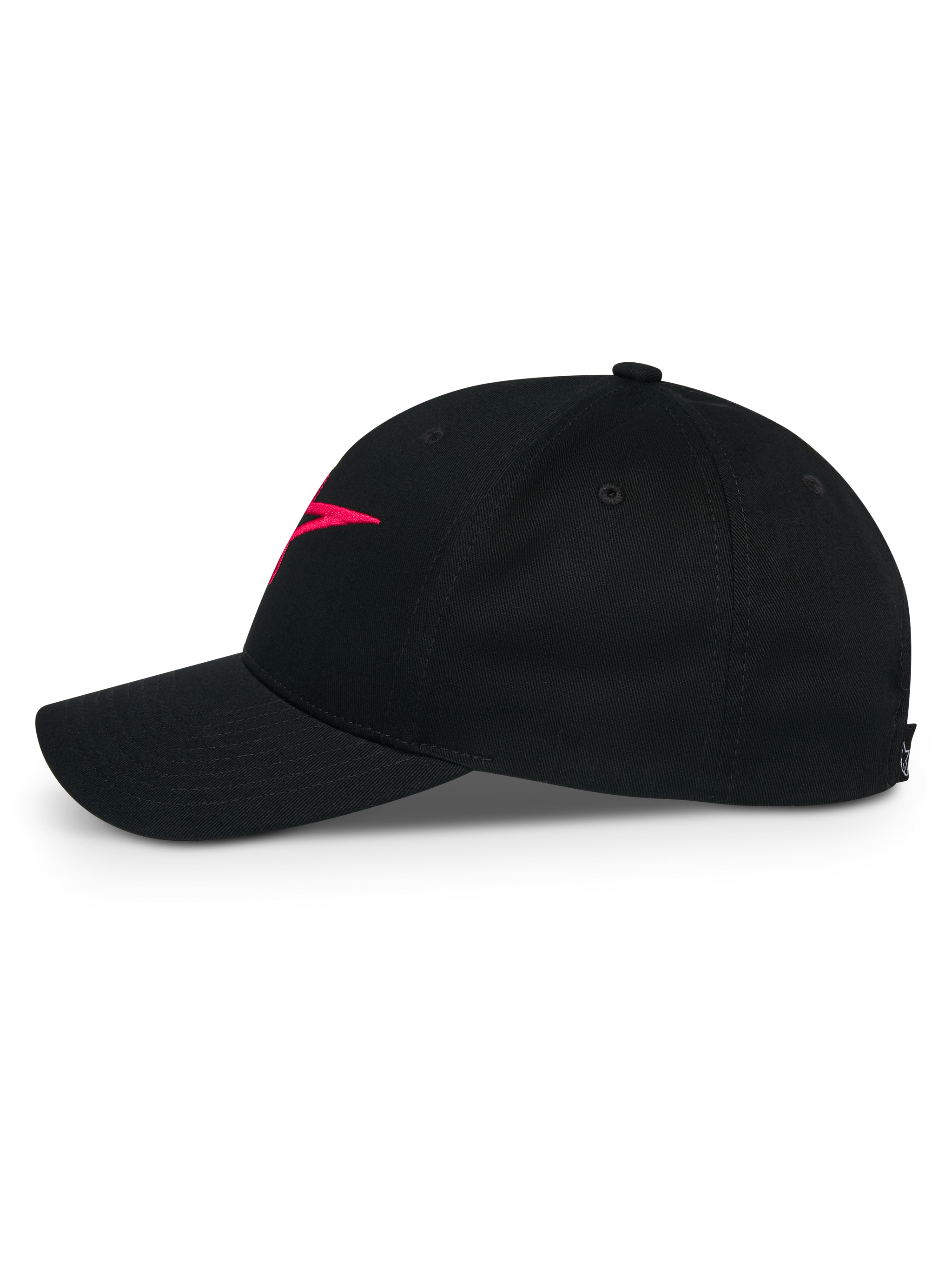 Alpinestars Ageless Snapback Hat, Side Profile View, Black with Red Embroidered Logo, Curved Bill, Structured Crown, Cotton Twill Fabric, Casual Motorsport Headwear