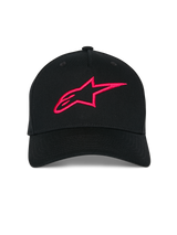 Alpinestars Ageless Snapback Hat, Black with Red Logo, Front view featuring a 3D embroidered A-star logo, curved bill, structured crown, casual sportswear headwear