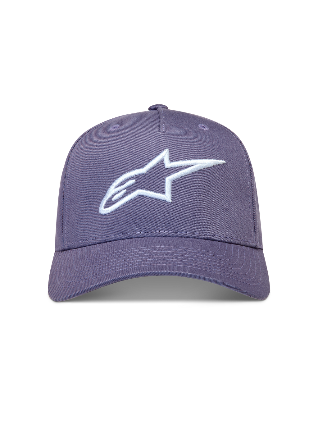 Alpinestars Ageless Snapback-kasket i lilla twill med hvidt 3D-broderet Astars-logo og buet skygge.