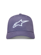 Alpinestars Ageless Snapback-kasket i lilla twill med hvidt 3D-broderet Astars-logo og buet skygge.