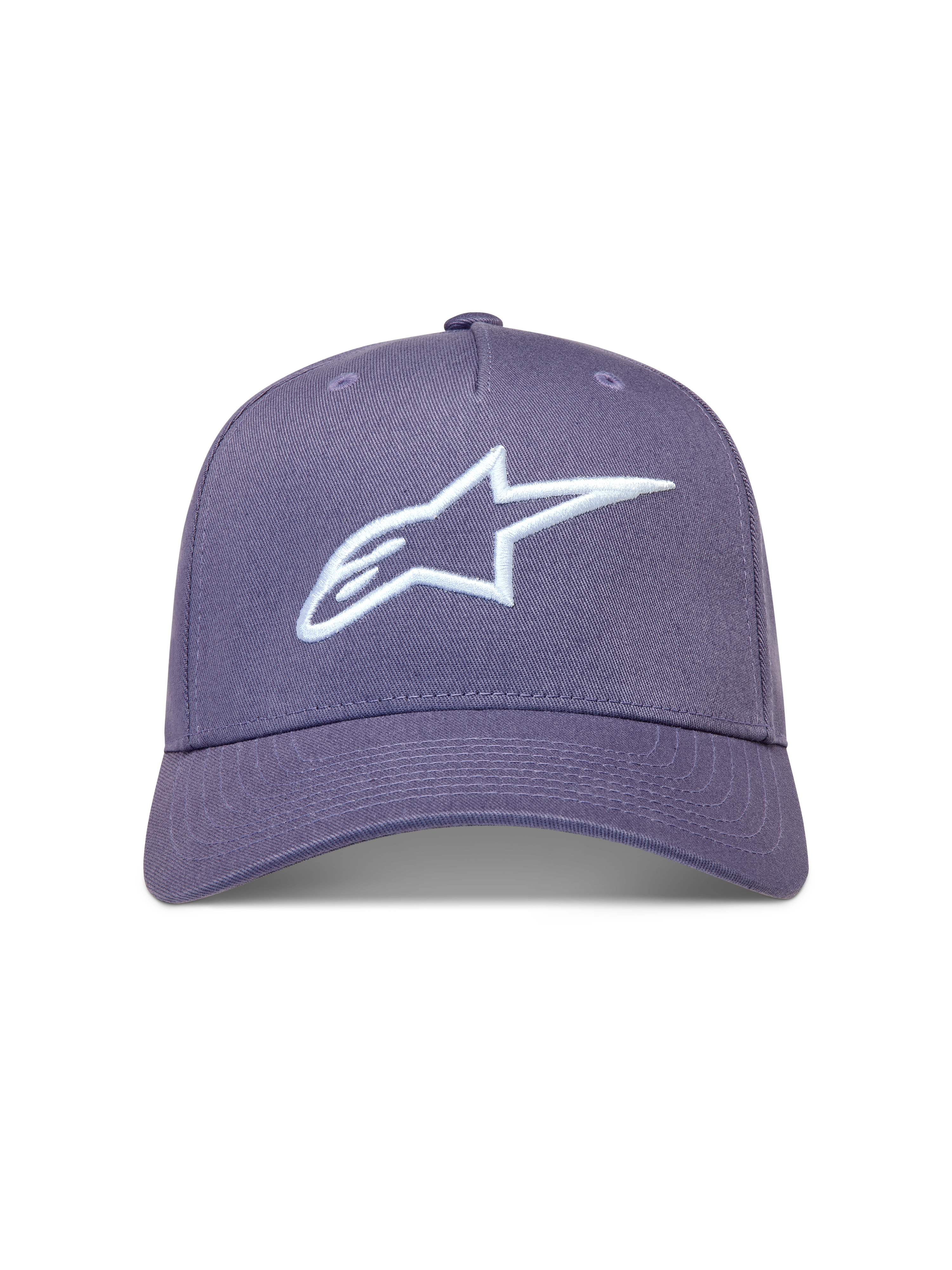 Alpinestars Ageless Snapback-kasket i lilla twill med hvidt 3D-broderet Astars-logo og buet skygge.