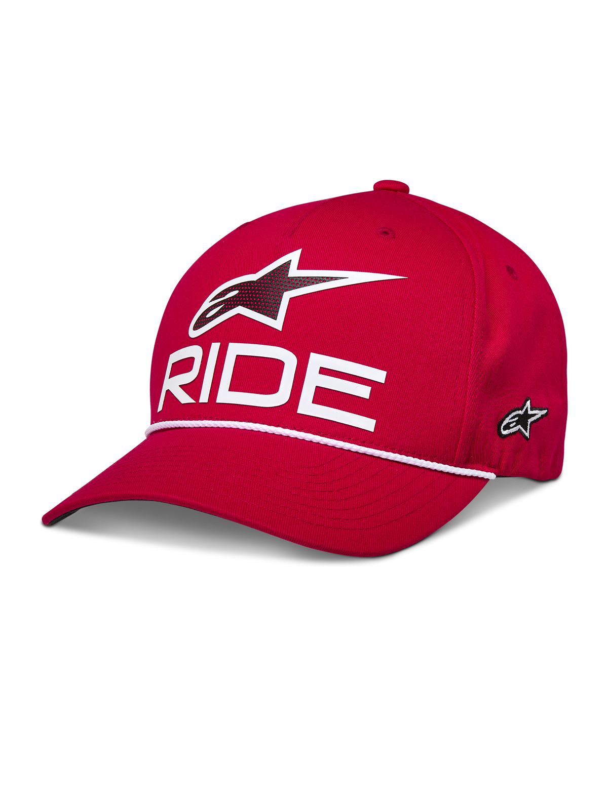 Alpinestars Ride Comp Snapback Hat, rød, med hvidt 3D Astars-logo og RIDE-tekst, buet skygge med hvid flettet rebkant, struktureret krone, afslappet sportswear