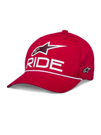 Alpinestars Ride Comp Snapback Hat, rød, med hvidt 3D Astars-logo og RIDE-tekst, buet skygge med hvid flettet rebkant, struktureret krone, afslappet sportswear