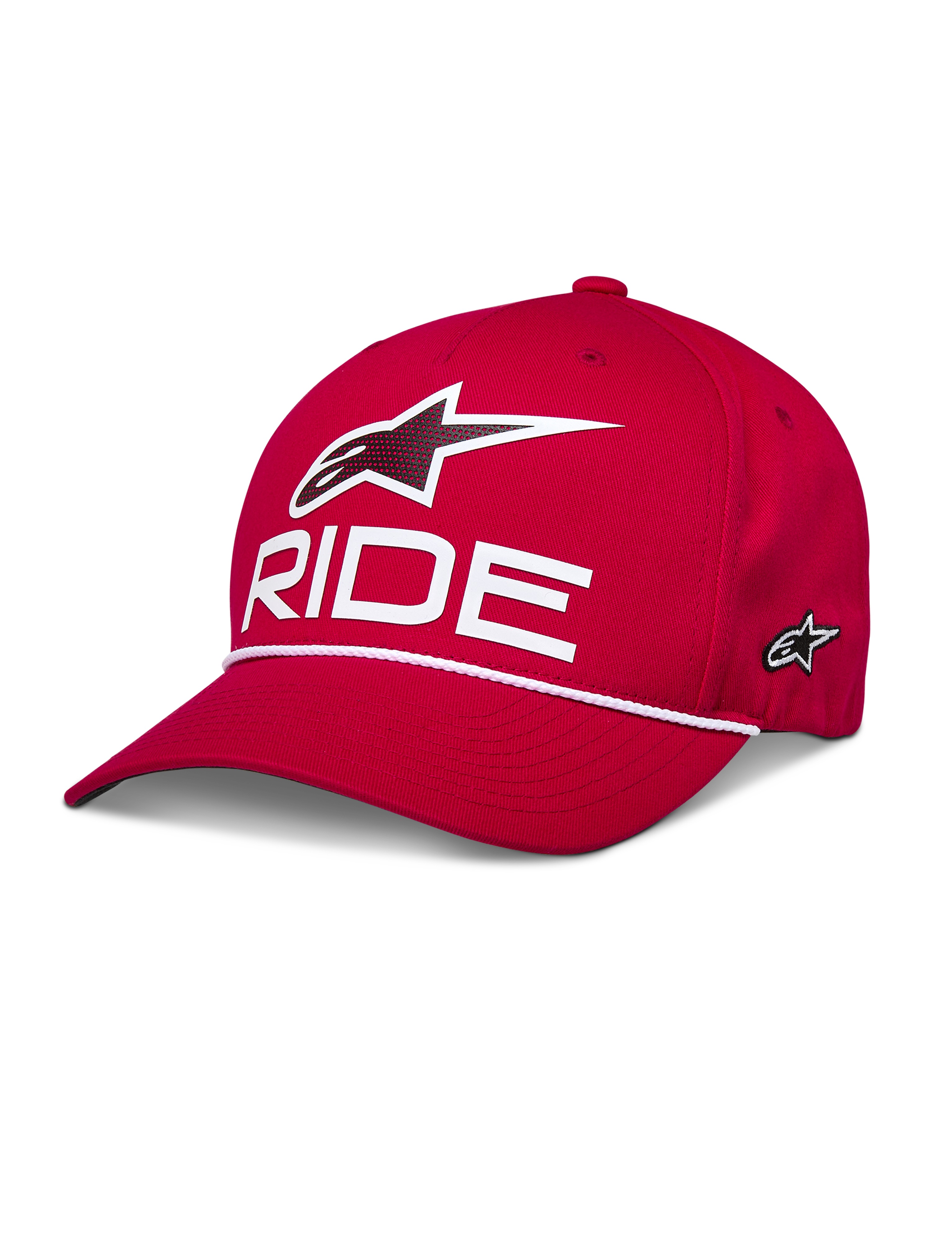 Alpinestars Ride Comp Snapback Hat, rød, med hvidt 3D Astars-logo og RIDE-tekst, buet skygge med hvid flettet rebkant, struktureret krone, afslappet sportswear