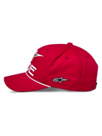 Alpinestars Ride Comp Snapback kasket, rød, sideprofil, hvidt broderet stjernelogo, flettet rebkant, buet skygge, casual motorsport sportstøj