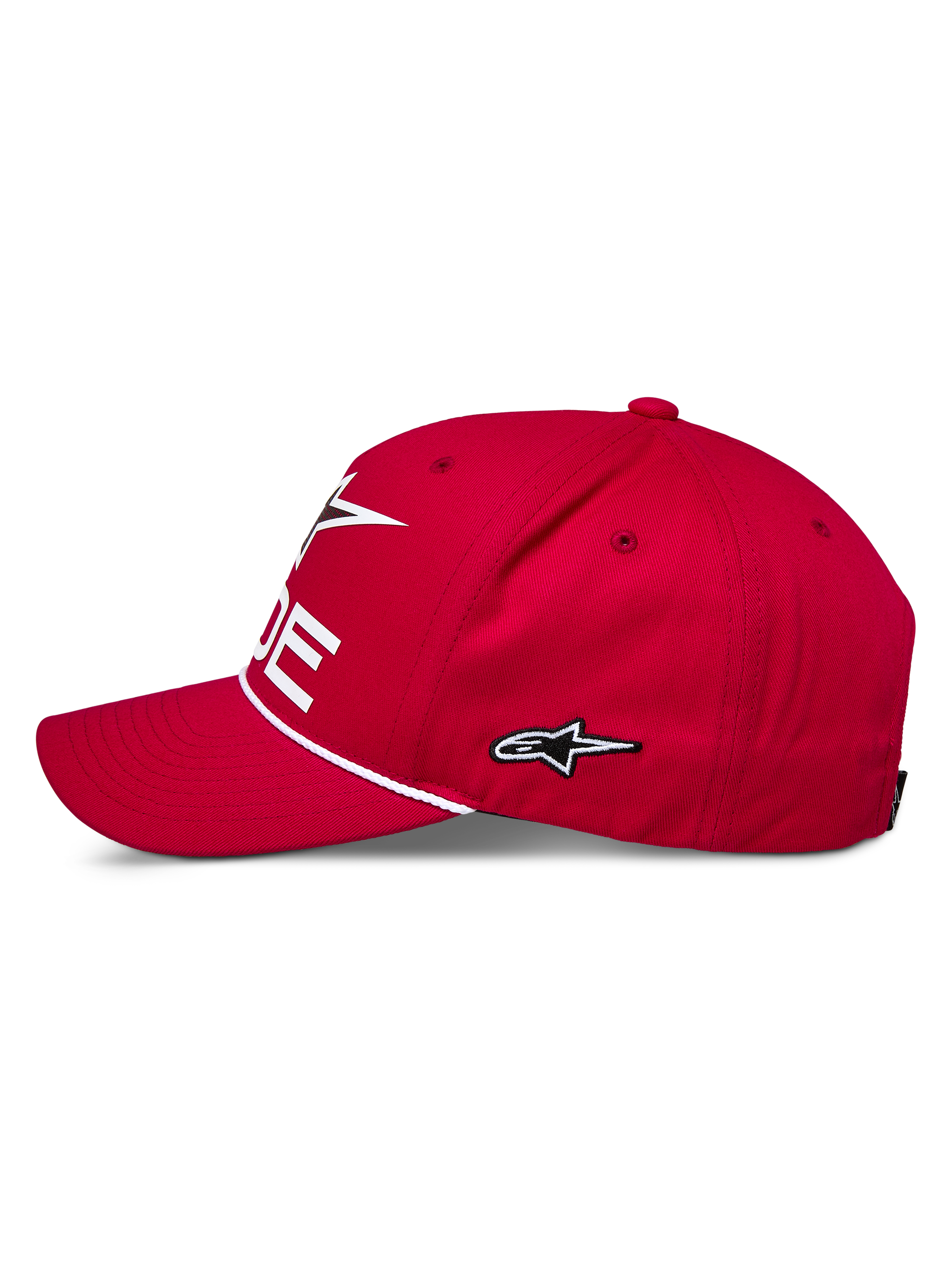 Alpinestars Ride Comp Snapback kasket, rød, sideprofil, hvidt broderet stjernelogo, flettet rebkant, buet skygge, casual motorsport sportstøj