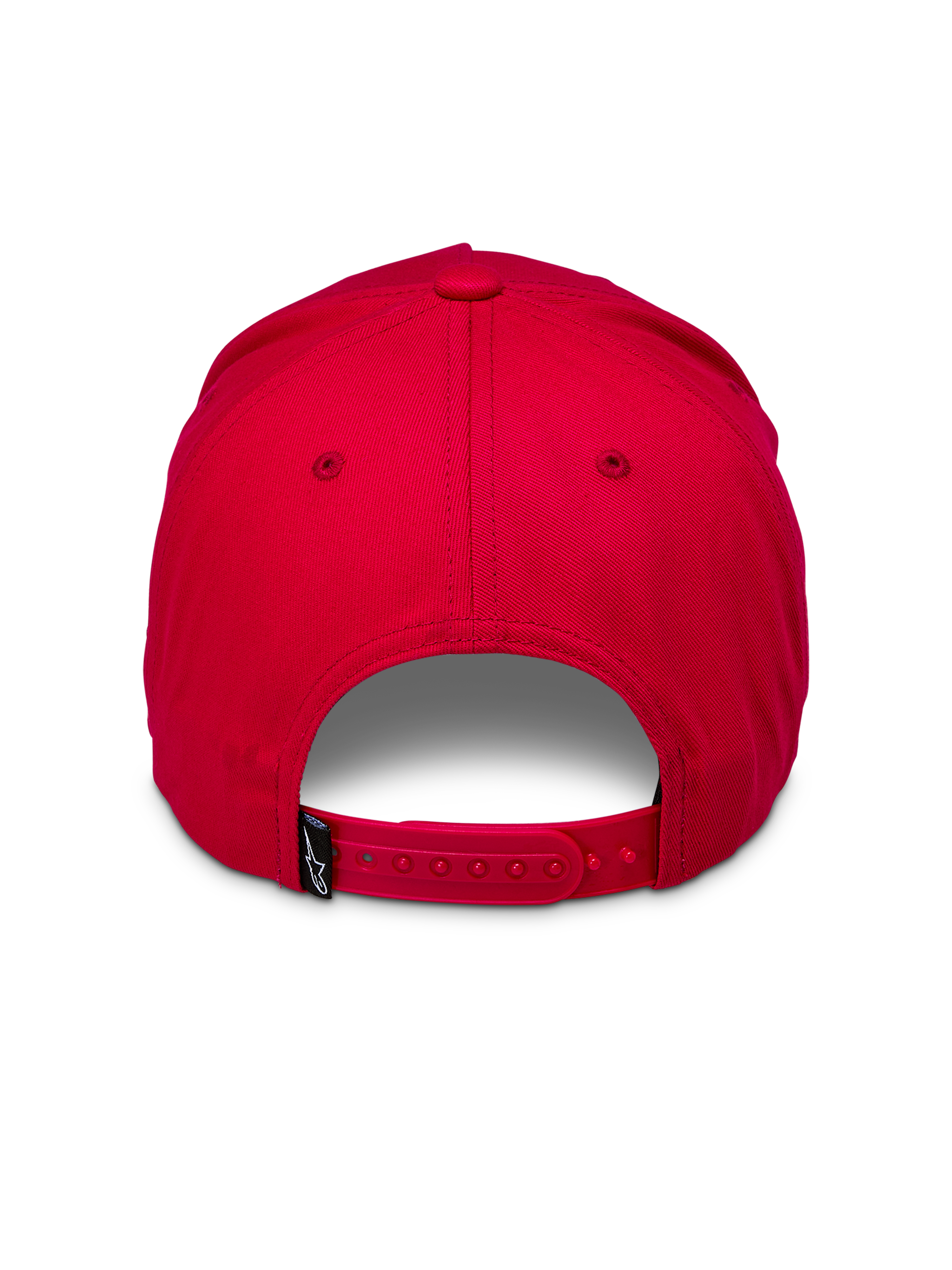 Alpinestars Ride Comp Snapback-kasket, rød, set bagfra med en justerbar rød snapback-lukning og et lille sort vævet mærke med hvidt logo, struktureret krone, afslappet hovedbeklædning