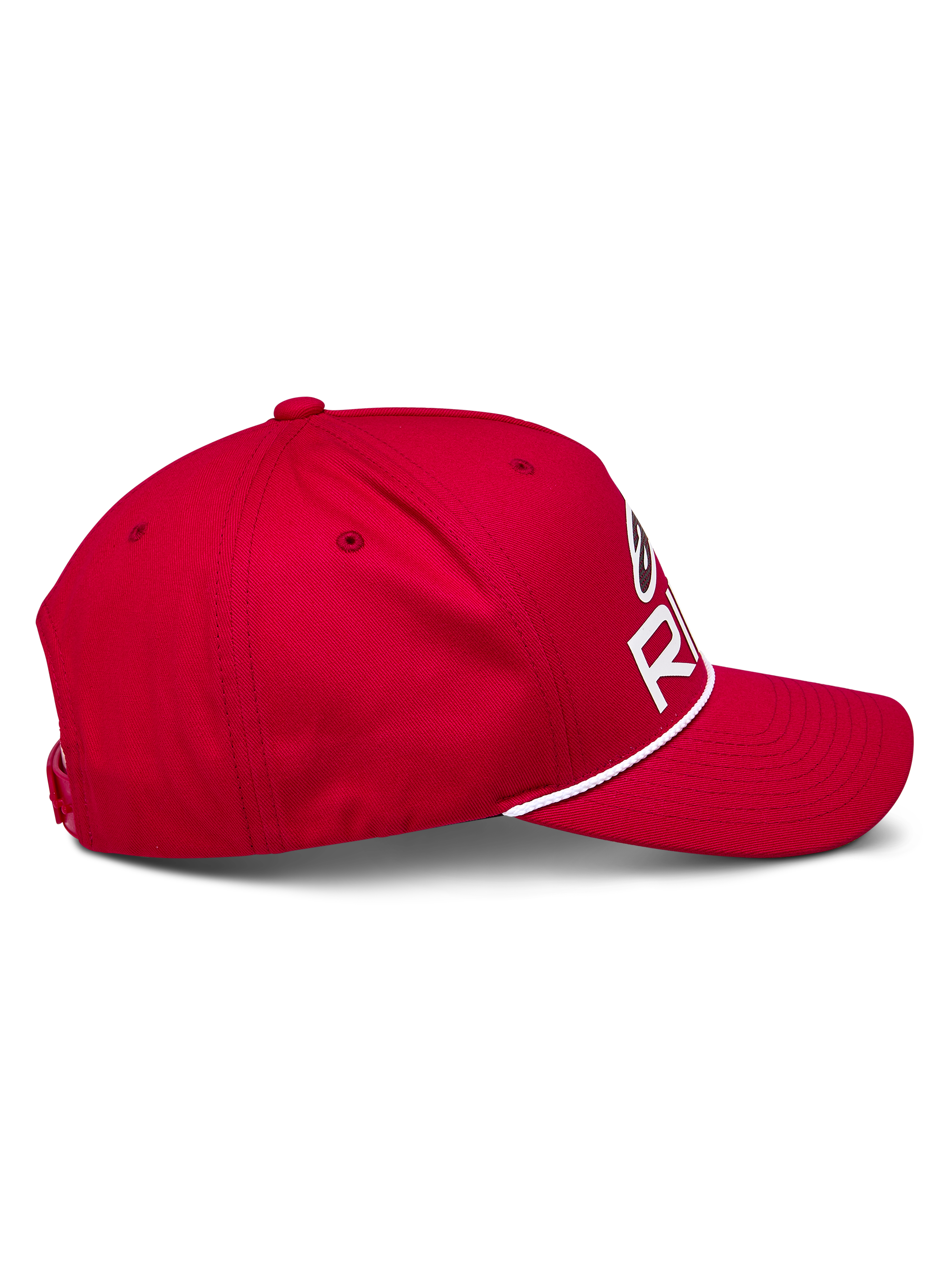 Alpinestars Ride Comp Snapback kasket, rød, set fra siden, buet skygge med hvid flettet rebkant, struktureret krone med hvidt Astars Ride-logo, afslappet motorsport-hovedbeklædning