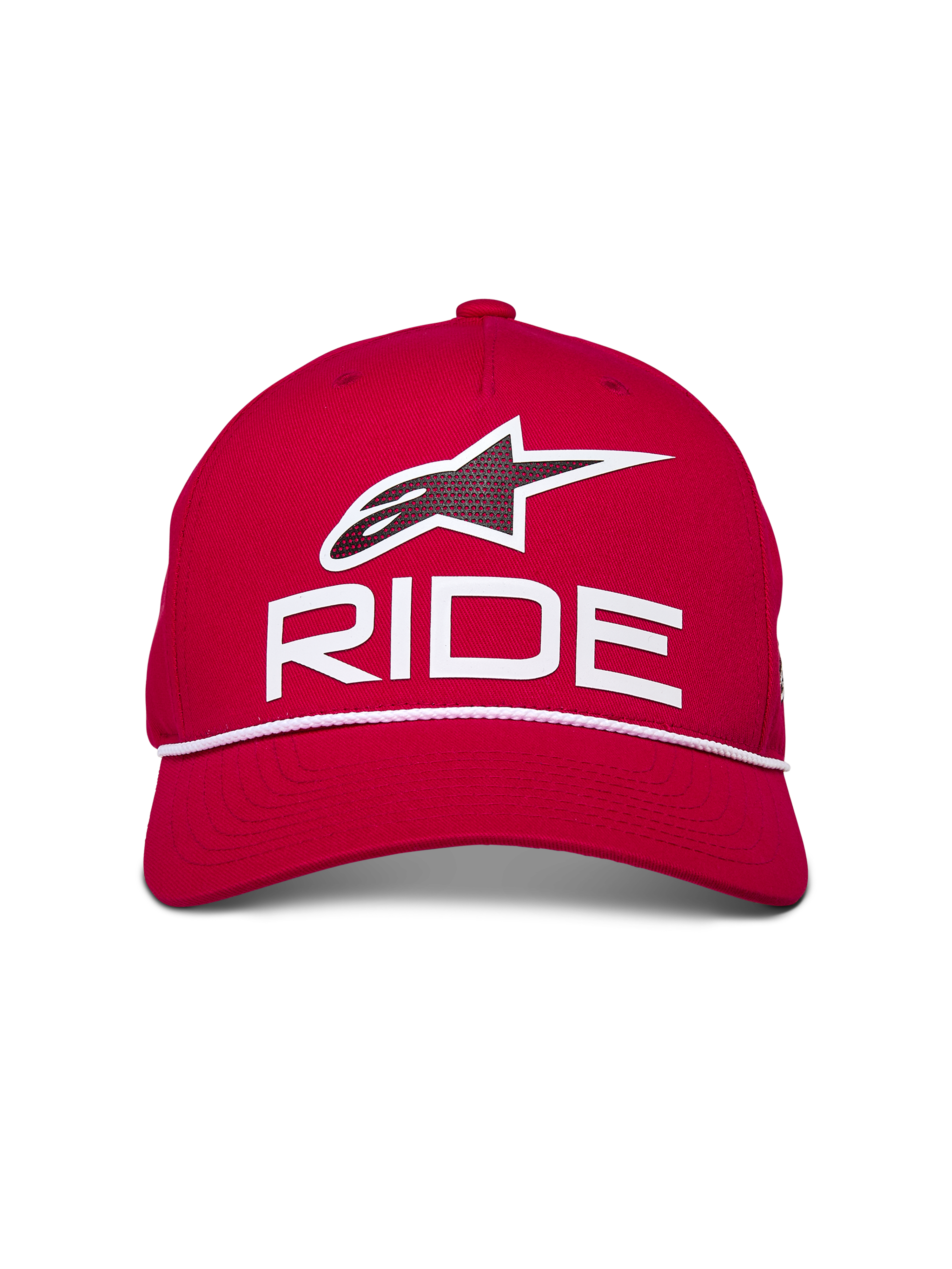 Alpinestars Ride Comp Snapback kasket, rød med hvid og sort, med 3D Astars Ride-logo og hvid flettet rebkant, struktureret krone med buet skygge, afslappet motorsport-inspireret hovedbeklædning