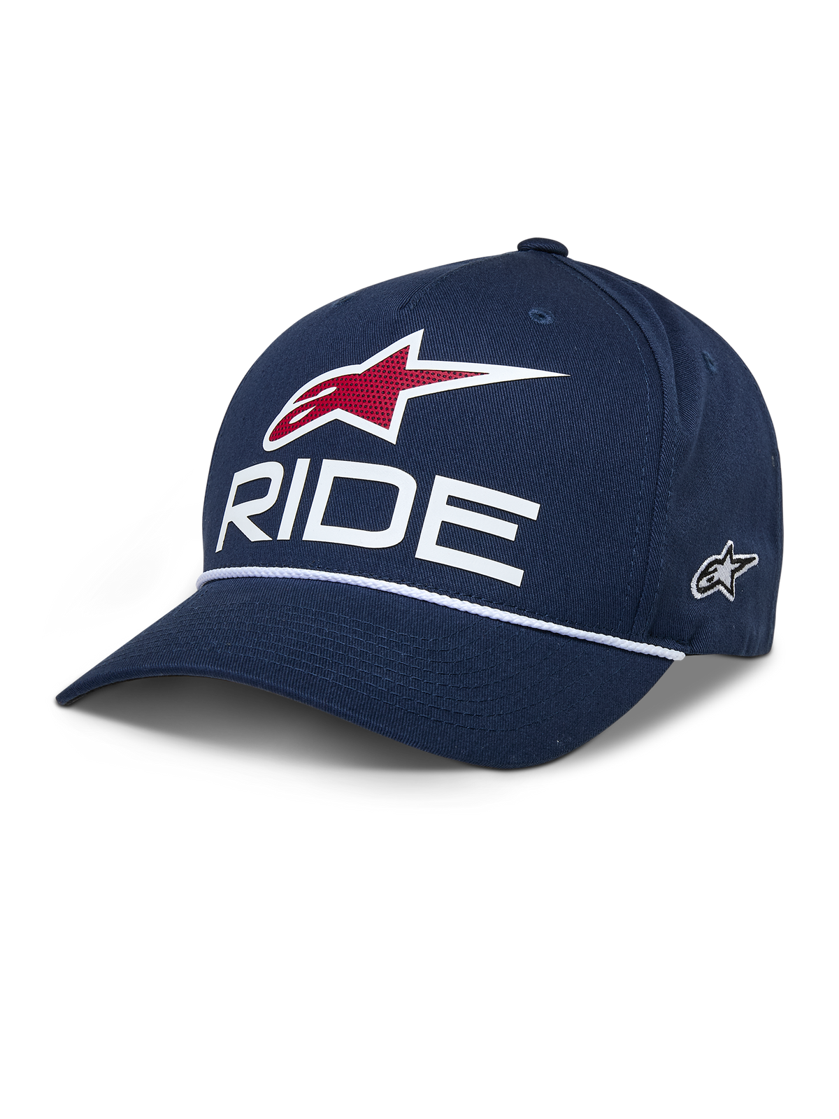 Alpinestars Ride Comp Snapback-kasket, mørkeblå baseballkasket, hvidt RIDE- og rødt stjernelogo, buet skygge med hvid flettet snor, casual motorsport-hovedbeklædning