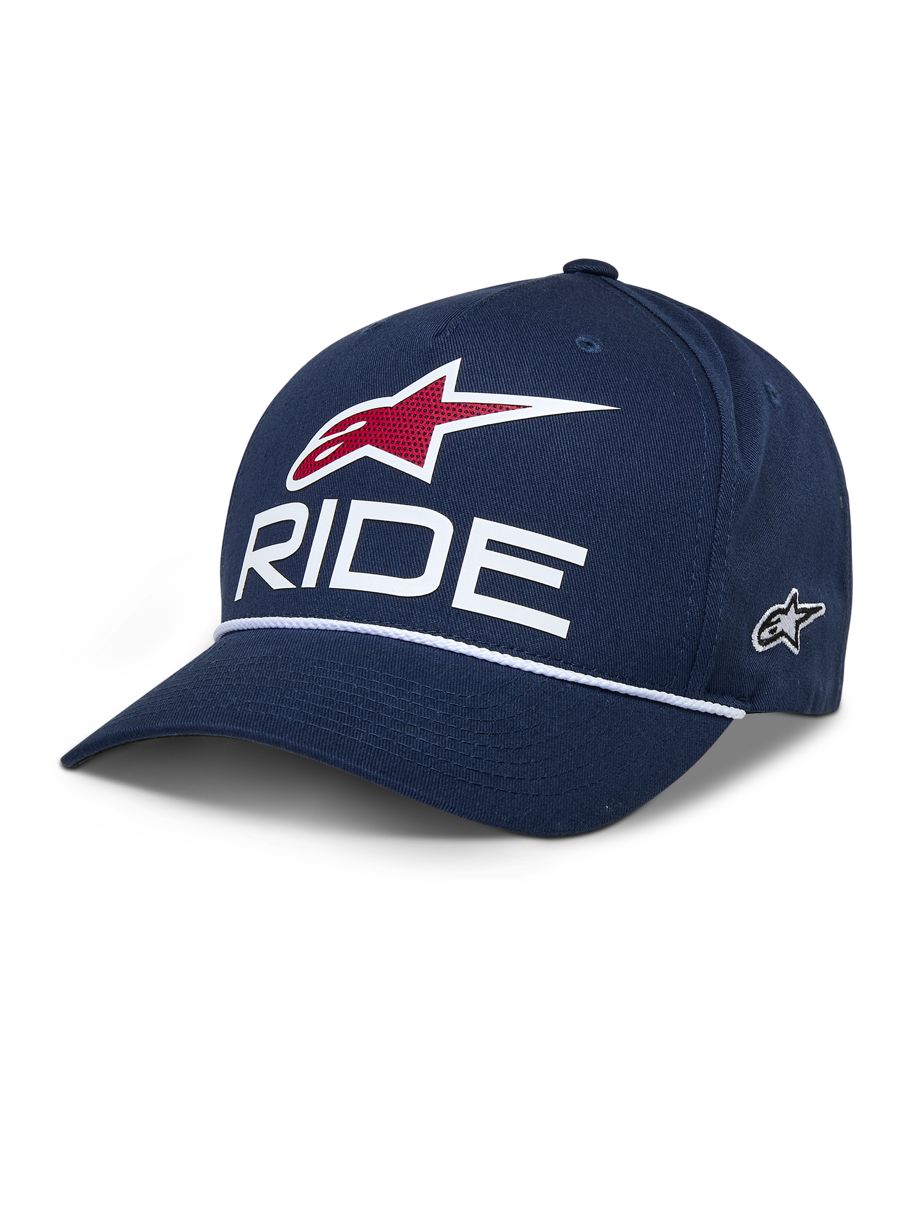 Alpinestars Ride Comp Snapback-kasket, mørkeblå baseballkasket, hvidt RIDE- og rødt stjernelogo, buet skygge med hvid flettet snor, casual motorsport-hovedbeklædning