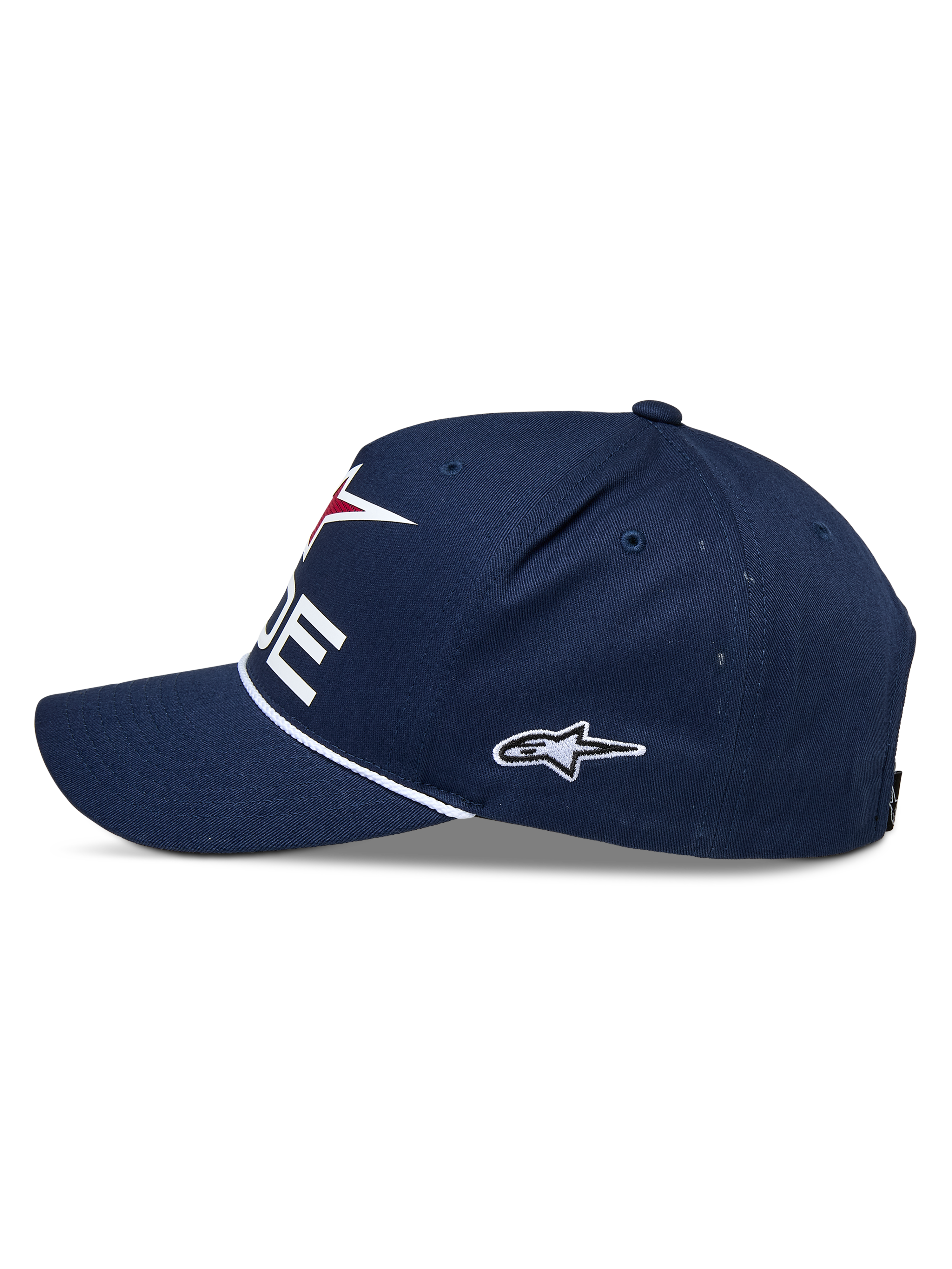 Alpinestars Ride Comp Snapback-kasket, marineblå, hvid og rød, set fra siden, struktureret krone med buet skygge, hvid flettet rebkant, broderet sidelogo, afslappet motorsport-hovedbeklædning