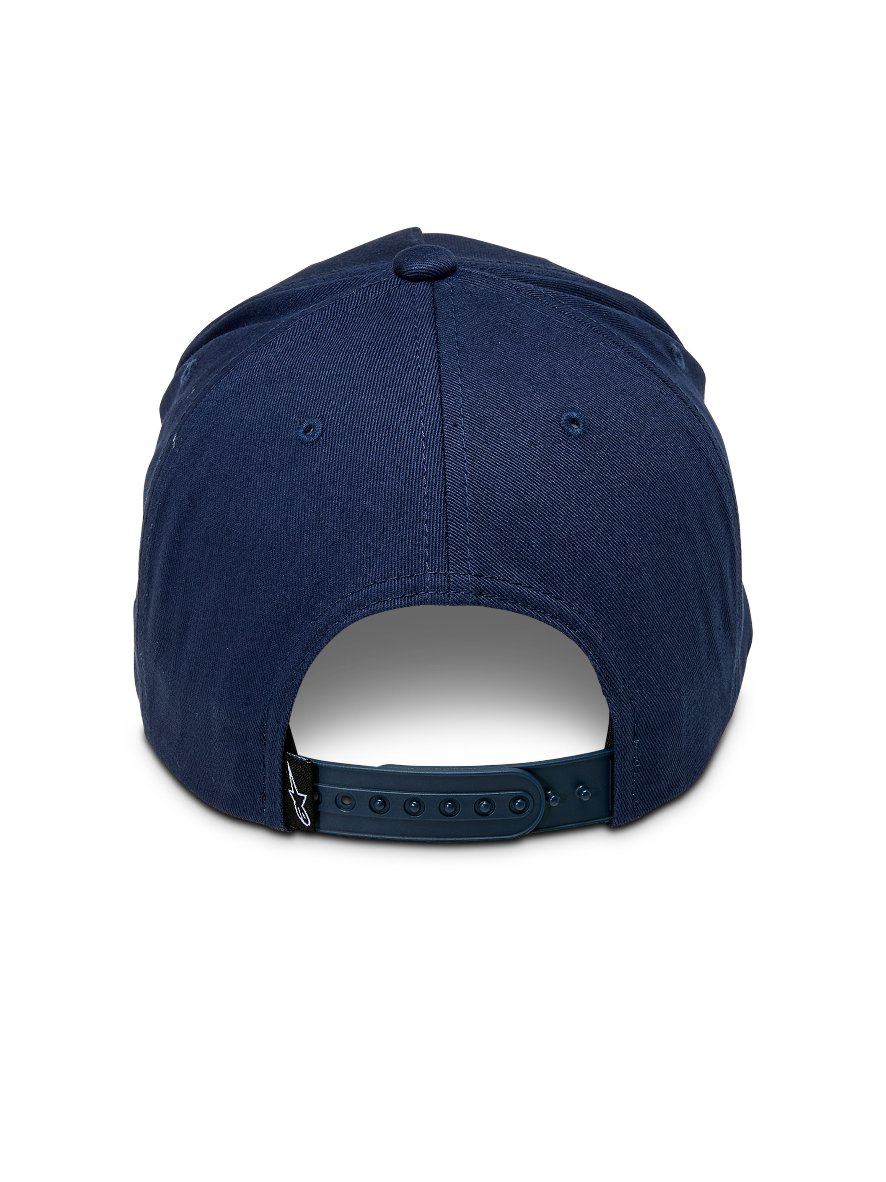 Alpinestars Ride Comp Snapback Kasket, marineblå, set bagfra med justerbar snapback-lukning i plast, lille sort logo-mærke, struktureret krone i bomuldstwill, afslappet motorsport-inspireret hovedbeklædning
