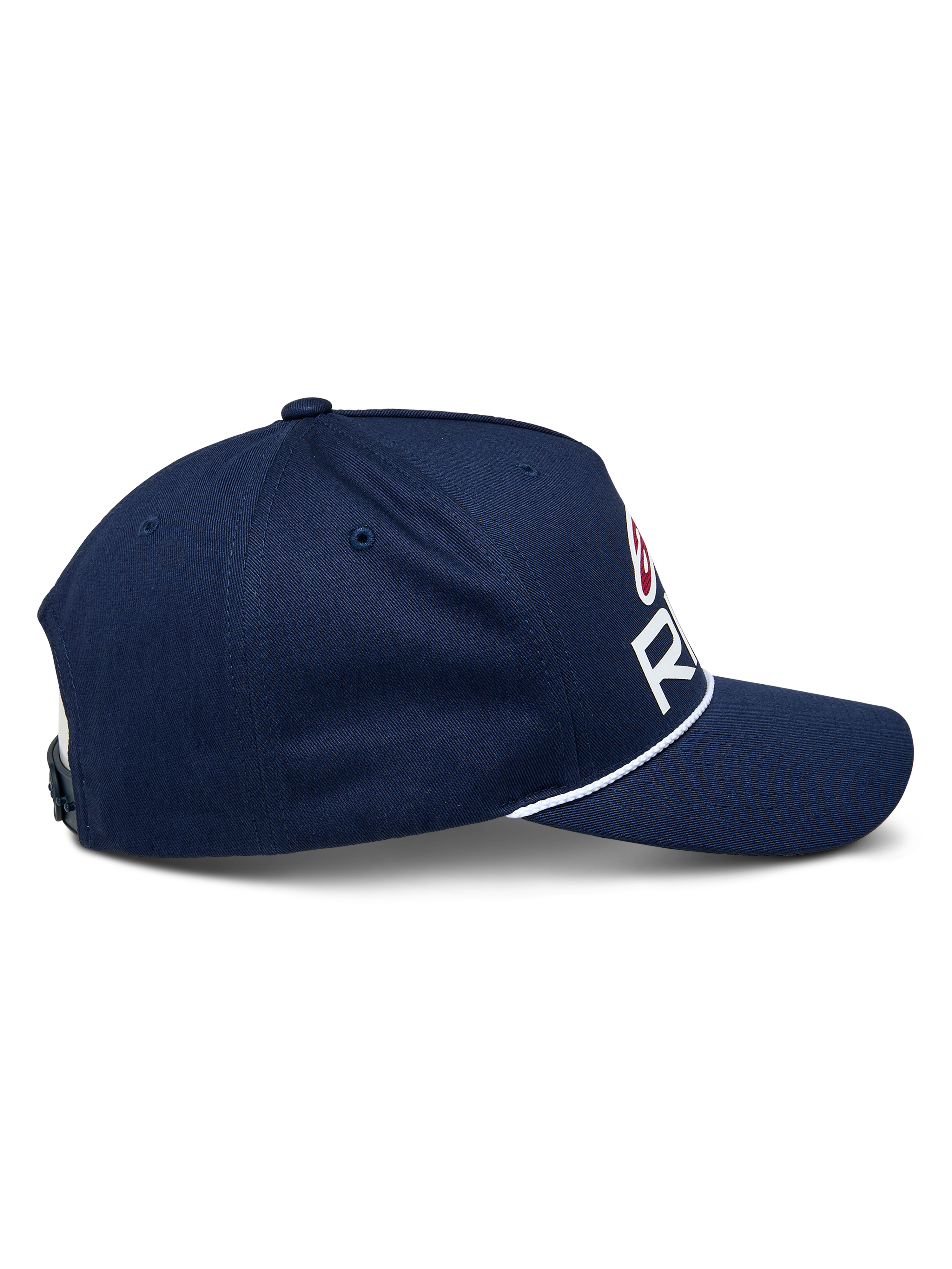 Alpinestars Ride Comp Snapback kasket, mørkeblå med hvide og røde detaljer, sideprofil der viser buet skygge og hvid flettet rebkant, struktureret krone, casual motorsport-hovedbeklædning