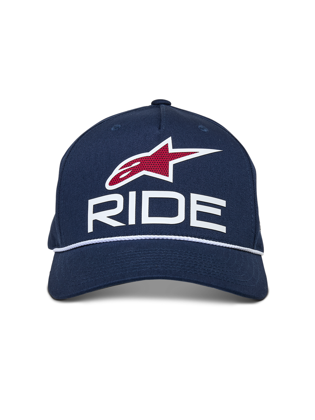 Alpinestars Ride Comp Snapback kasket, mørkeblå med hvide og røde detaljer, med 3D RIDE-logo, rødt stjerneemblem og hvid flettet rebkant, buet skygge, casual motorsport-hovedbeklædning