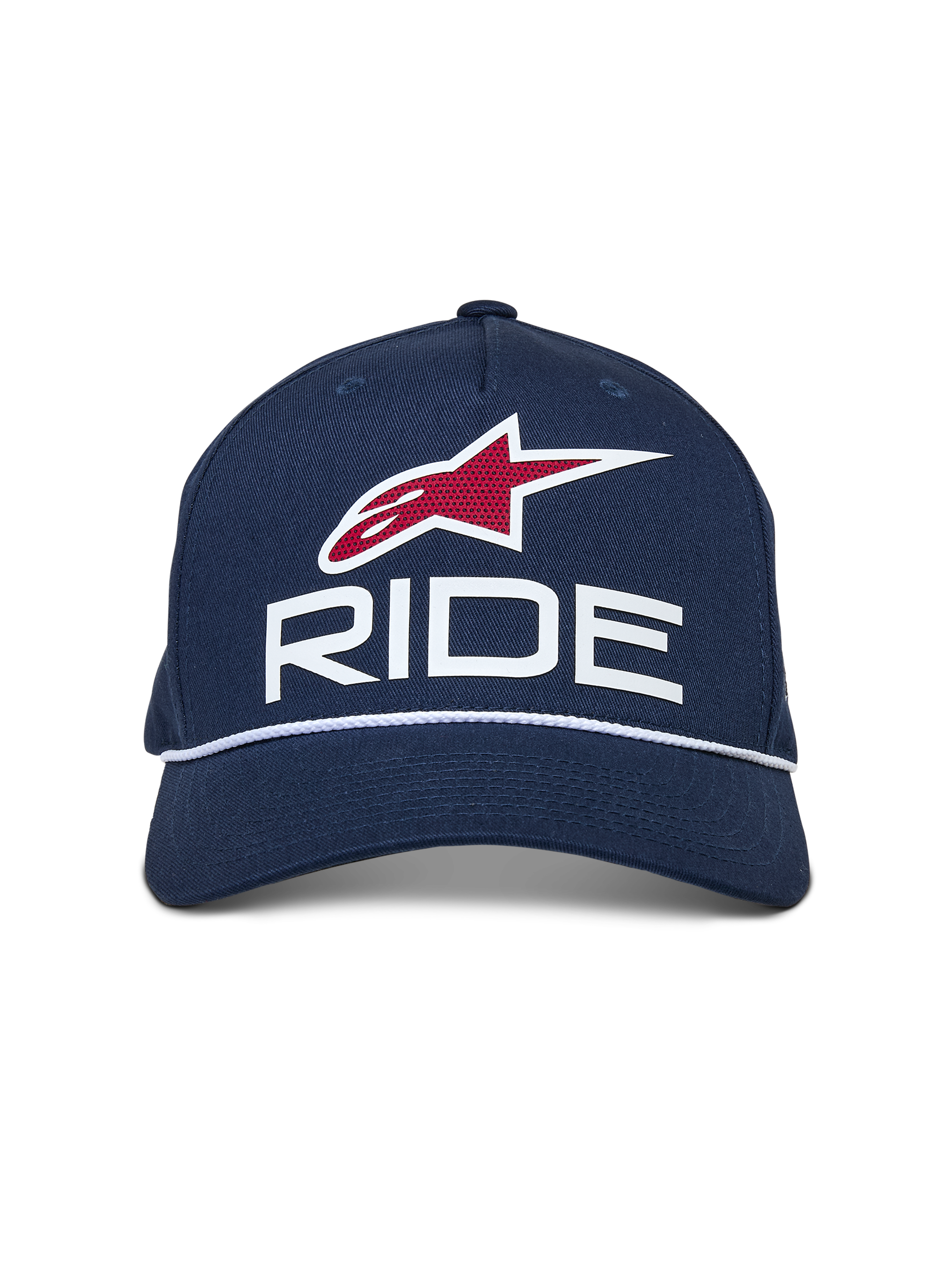 Alpinestars Ride Comp Snapback kasket, mørkeblå med hvide og røde detaljer, med 3D RIDE-logo, rødt stjerneemblem og hvid flettet rebkant, buet skygge, casual motorsport-hovedbeklædning