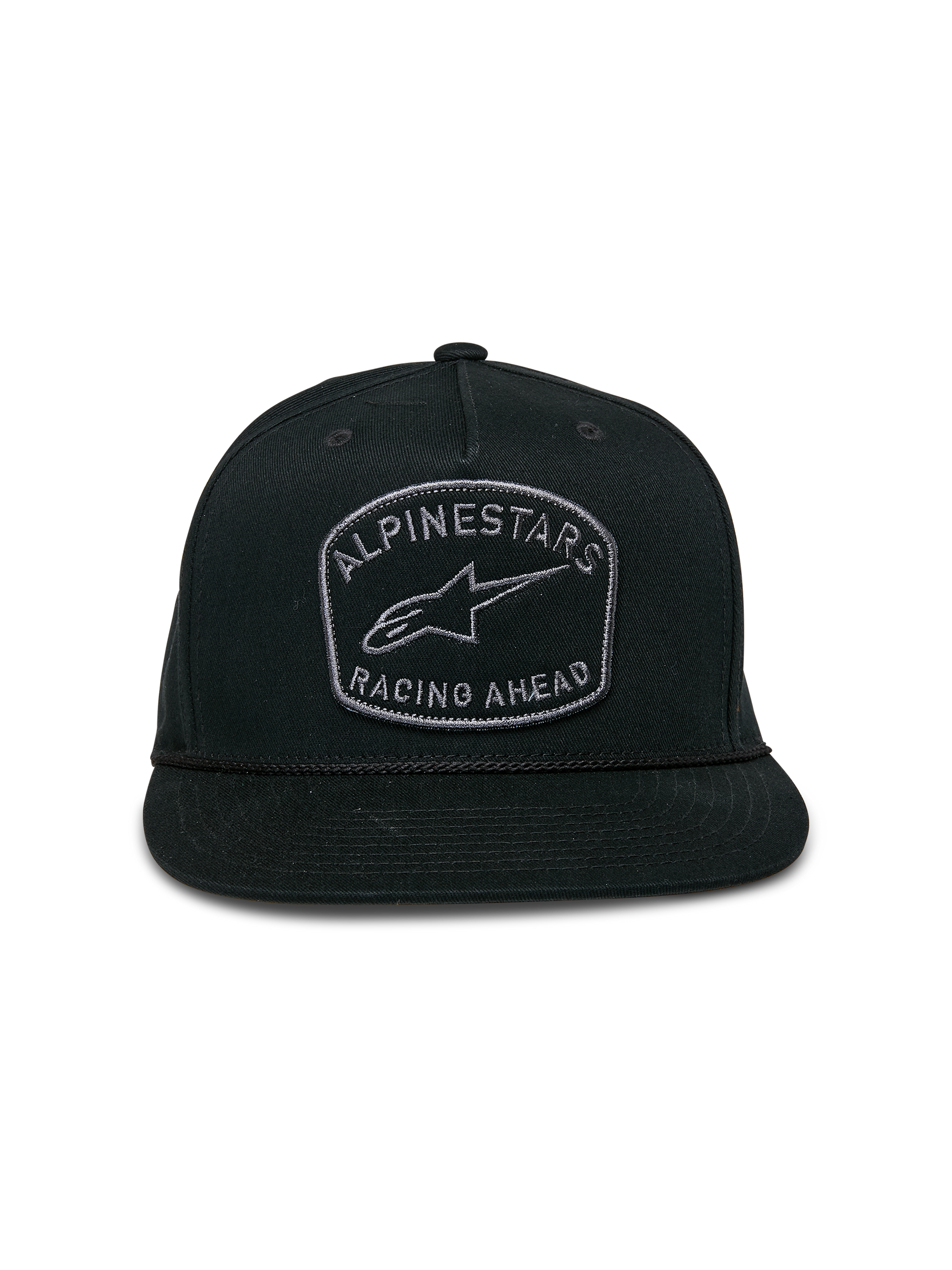Alpinestars Promptus Snapback-kasket, sort, flad skygge med struktureret krone, med broderet patch foran med Alpinestars Racing Ahead og Astars-logo, detalje med flettet reb, afslappet motorsport streetwear
