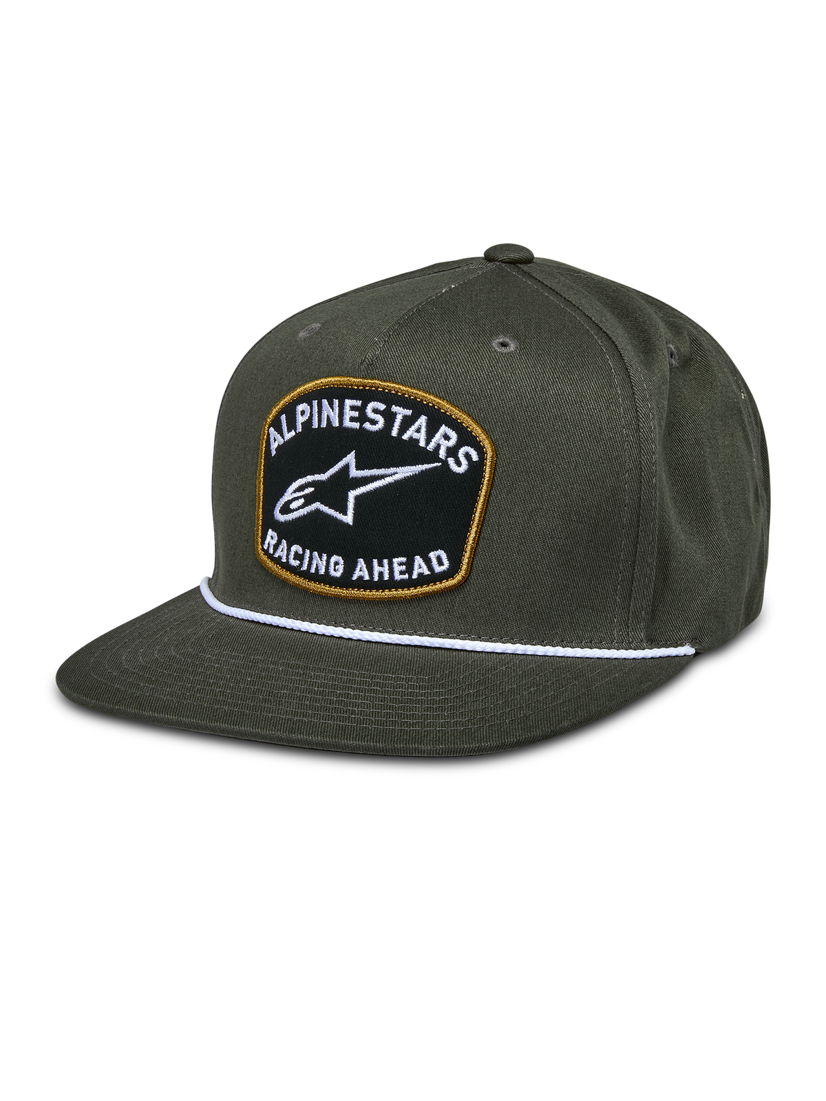 Alpinestars Promptus Snapback Hat, militærgrøn, flad skygge med hvid flettet rebsdetalje, sort broderet patch med guldkant, hvidt ALPINESTARS RACING AHEAD-logo, casual motorsport lifestyle-hovedbeklædning