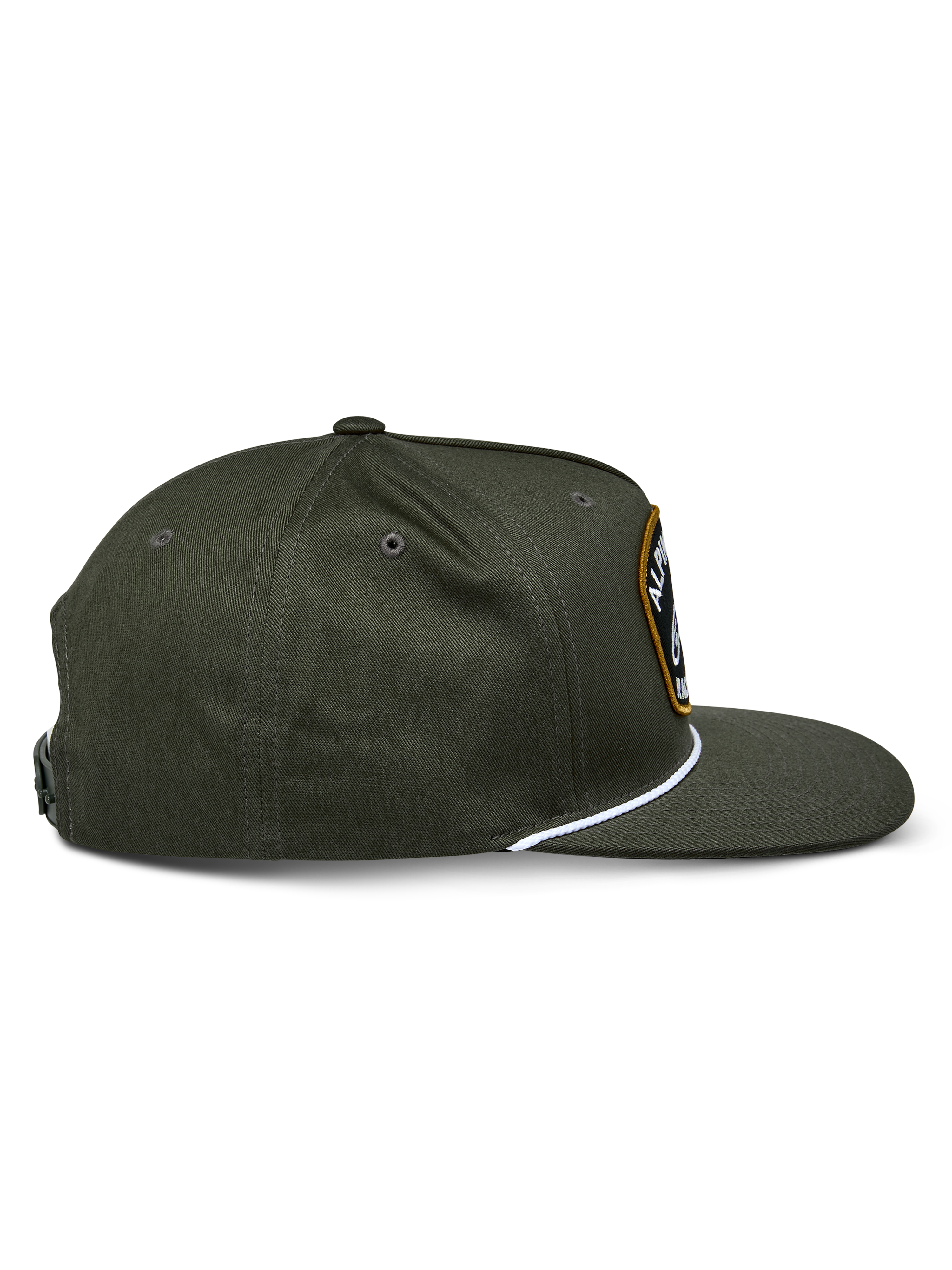 Alpinestars Promptus Snapback Hat, Military Green, side profile view showing the flat bill and structured crown, white braided rope detail at the base of the crown, durable cotton twill fabric, casual sportswear design
