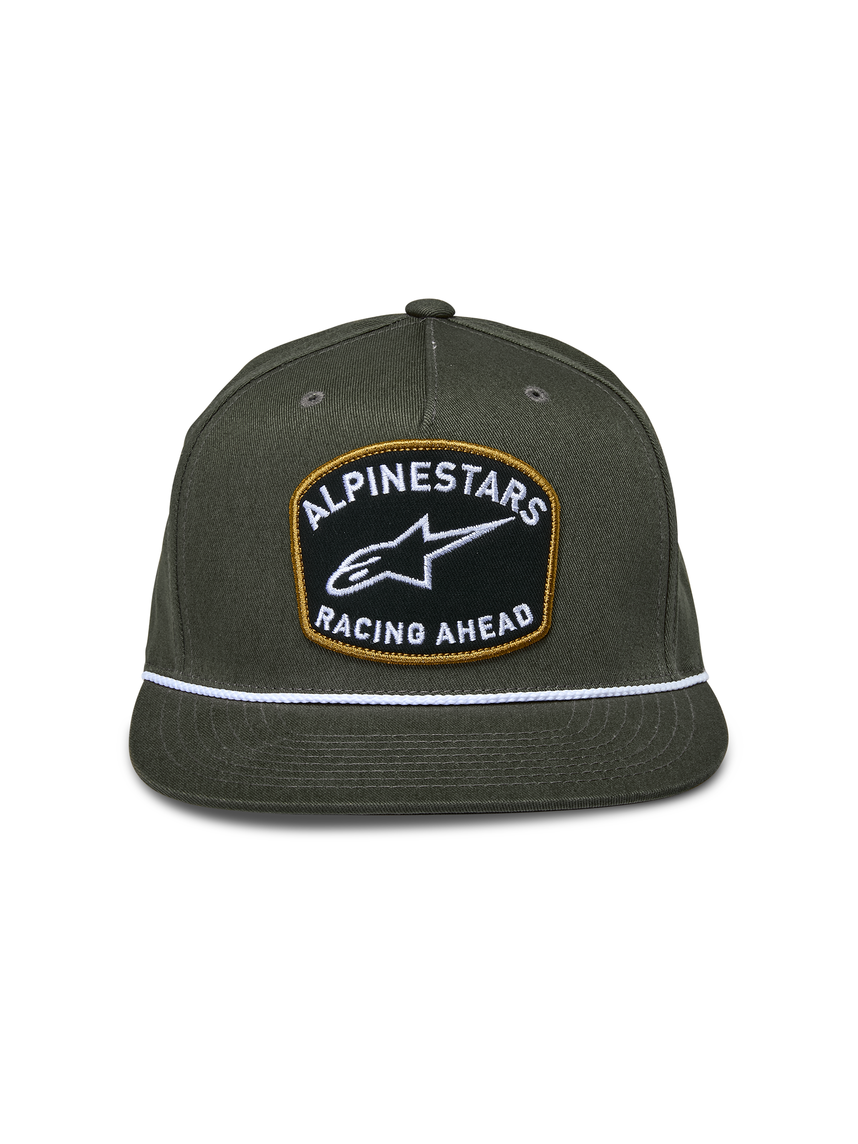 Alpinestars Promptus Snapback Hat, Military Green, structured crown with flat bill, large front patch with white 'Alpinestars Racing Ahead' embroidery and gold border, white braided rope detail, casual motorsport headwear