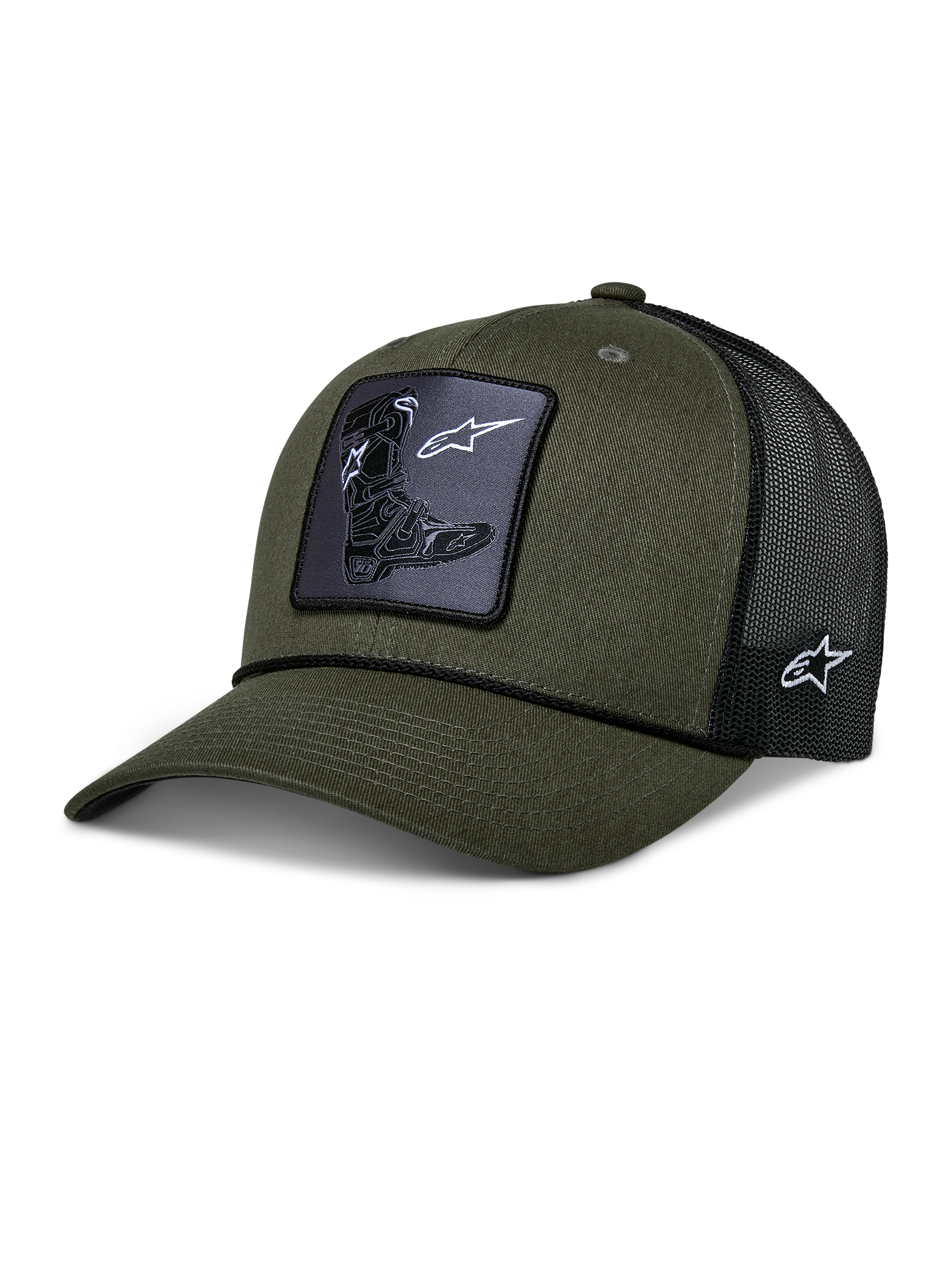 Alpinestars Booted Trucker Hat, trucker cap, military green and black, featuring a woven Tech Boot patch on the front, braided rope trim, and black mesh back with side logo embroidery