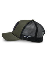 Alpinestars Booted Trucker Hat, Side Profile, Military Green and Black, Twill Front and Mesh Back, Braided Rope Trim and White Side Logo Embroidery, Casual Motorsport Accessory