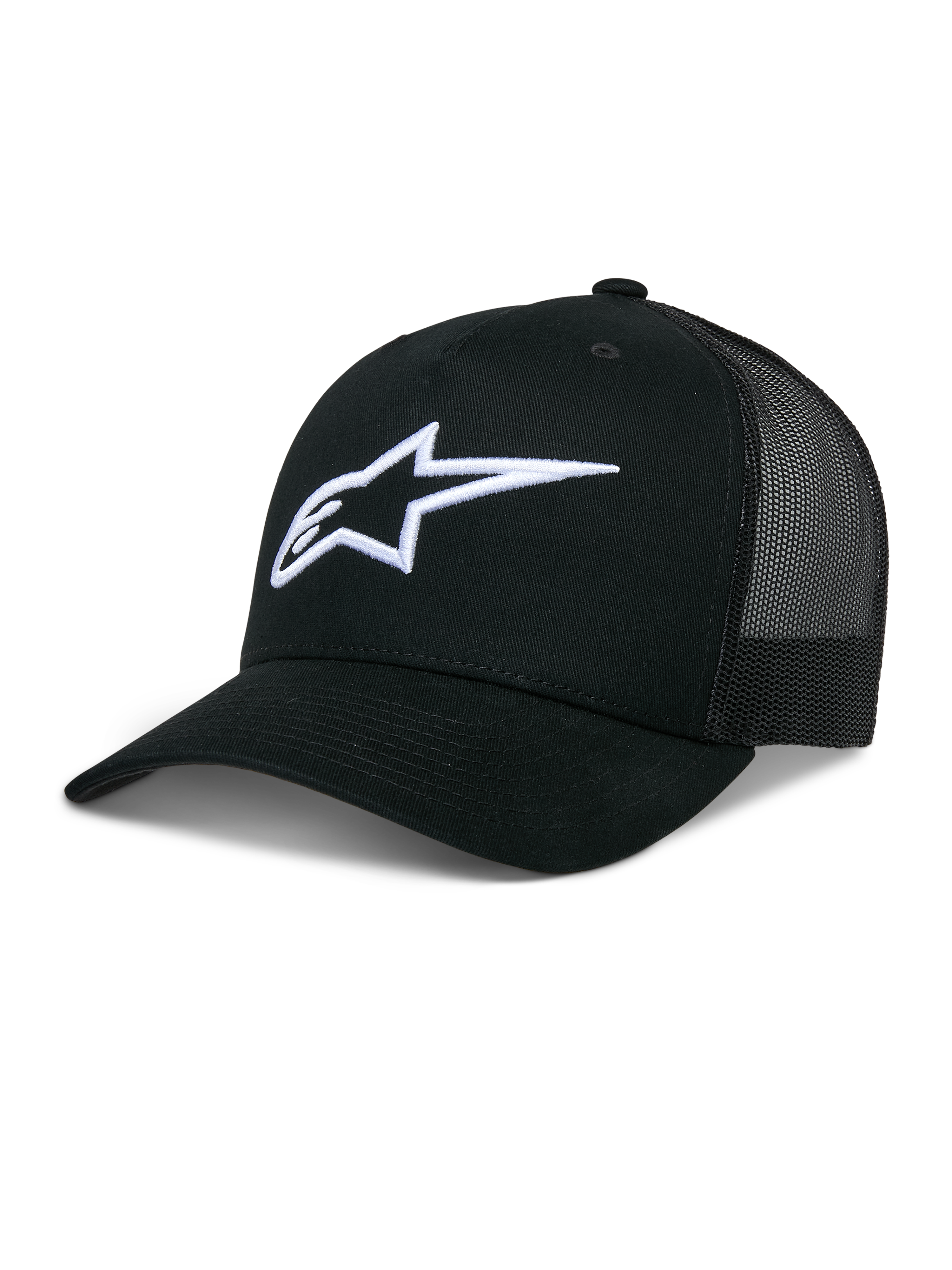 Alpinestars Ageless Trucker Hat, sort baseballkasket med mesh-bagside, hvidt 3D-broderet Astars-logo, struktureret krone og kurvet skygge, casual lifestyle-hovedbeklædning