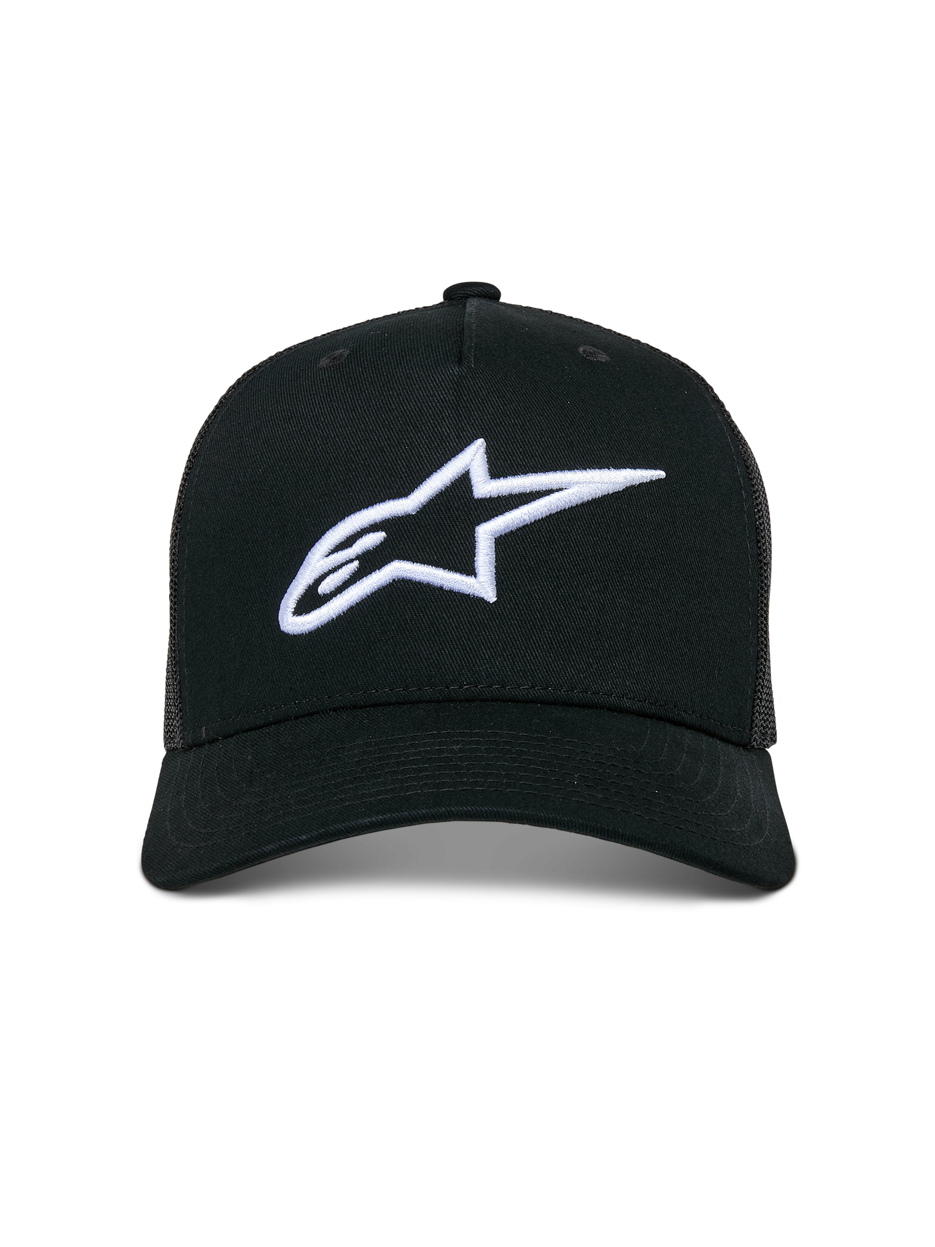 Alpinestars Ageless Trucker Hat, Casual Trucker Cap, Black with White 3D Embroidered Astars Logo, featuring a curved bill and mesh back panels, motorsport-inspired streetwear