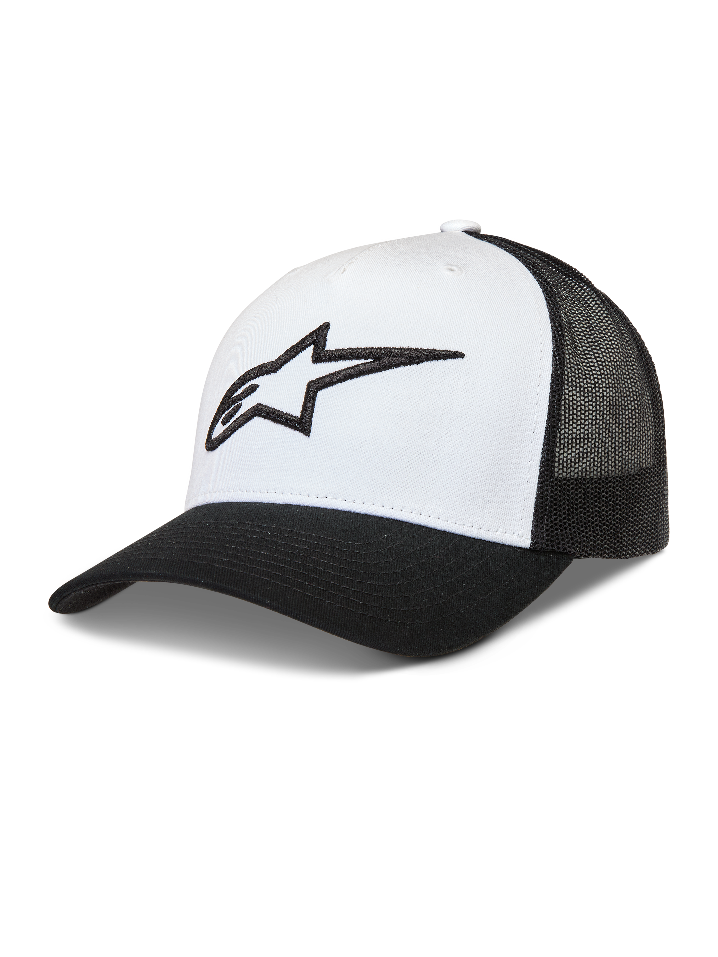 Alpinestars Ageless Snapback Hat, hvid og sort trucker cap med struktureret krone, mesh-bagside og 3D Astars-logo på fronten, afslappet motorsport-streetwear.