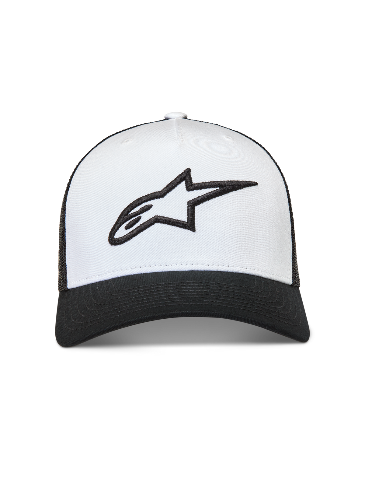 Alpinestars Ageless snapback-kasket i hvid og sort med 3D-broderet Astars-logo, mesh-bagside og buet skygge.