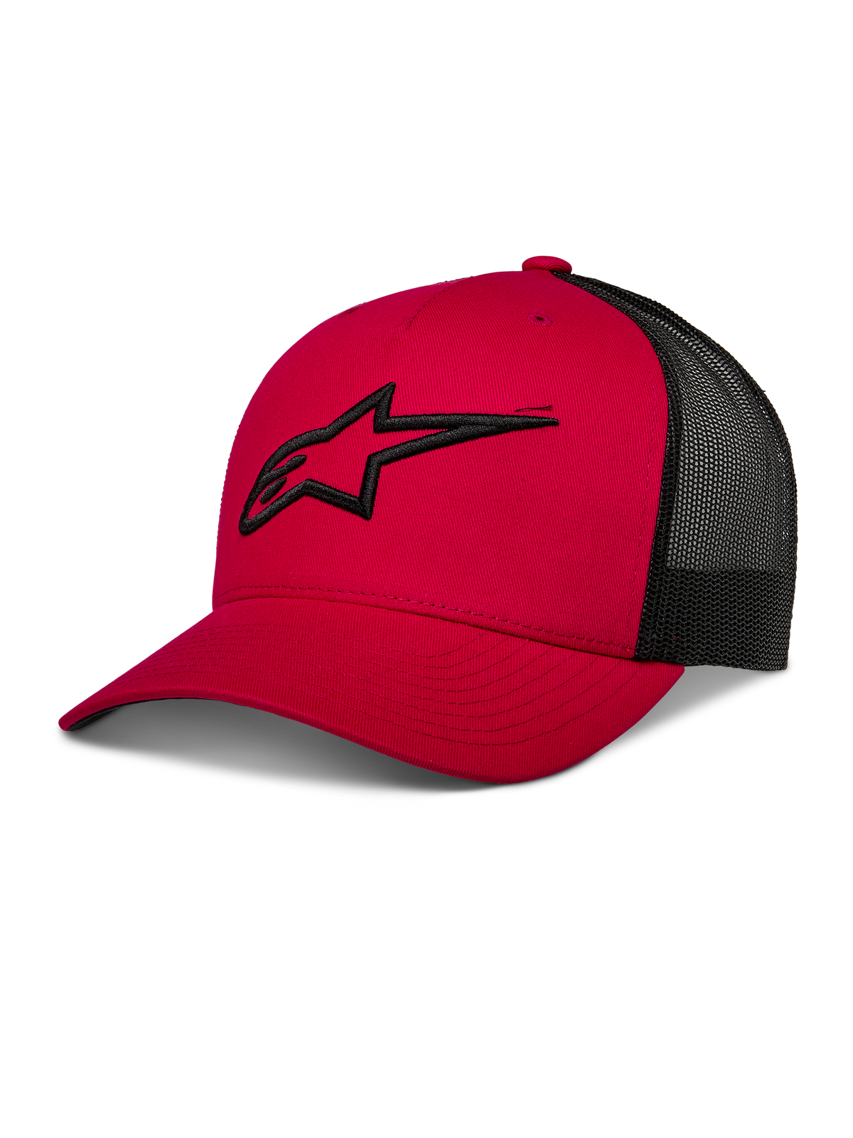 Alpinestars Ageless Trucker Hat, Red and Black, Mesh Back Baseball Cap, Curved Brim, 3D Embroidered Black Astars Logo, Structured Crown, Casual Motorsport Sportswear