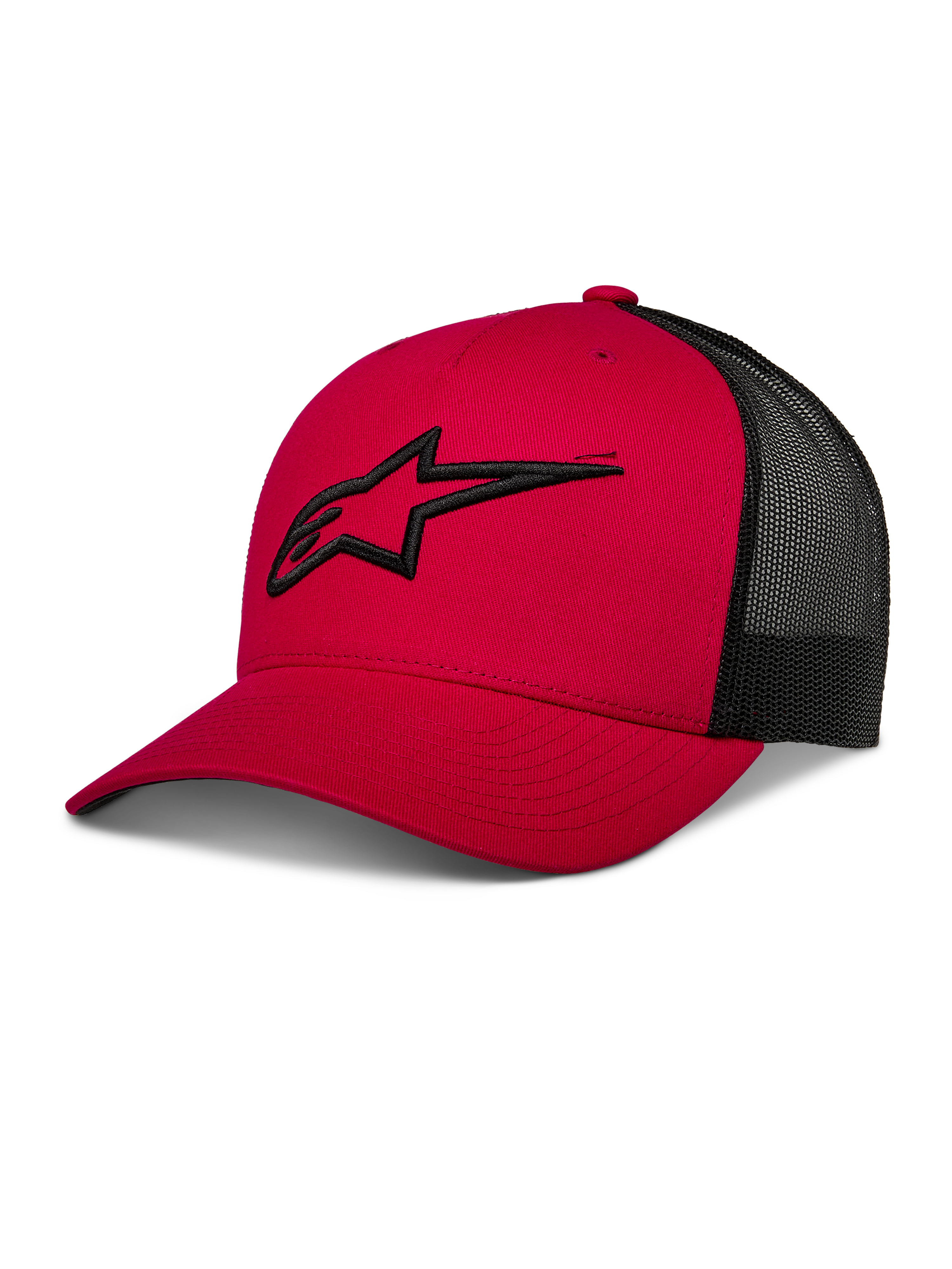 Alpinestars Ageless Trucker Hat, rød og sort, baseball-kasket med mesh-bagside, buet skygge, 3D-broderet sort Astars-logo, struktureret krone, afslappet motorsport-sportstøj