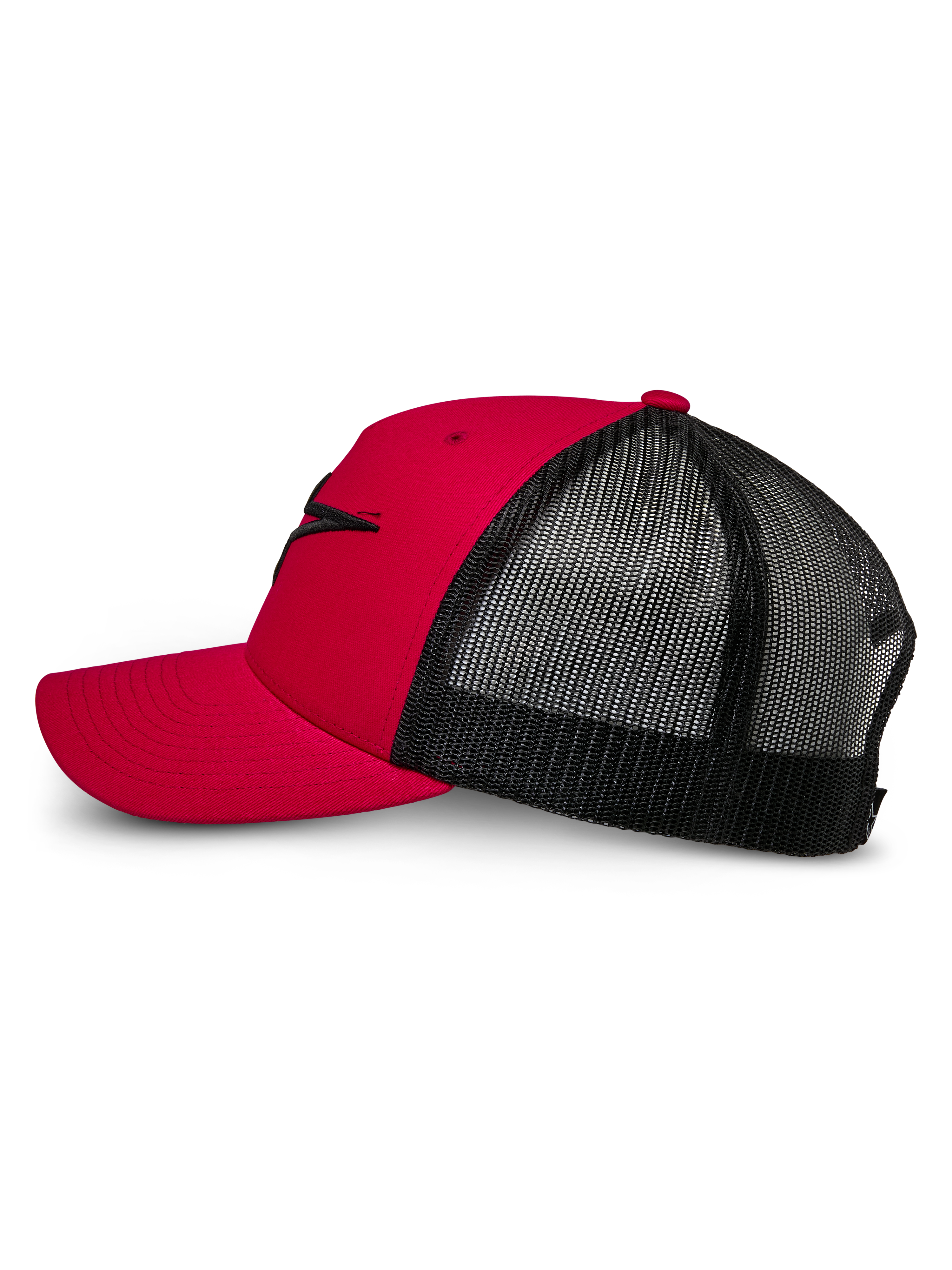 Alpinestars Ageless Trucker Hat, rød og sort, set fra siden med buet skygge og struktureret front med sort 3D-broderet Astars-logo, sort mesh-bagside for åndbarhed, klassisk motorsport-inspireret design