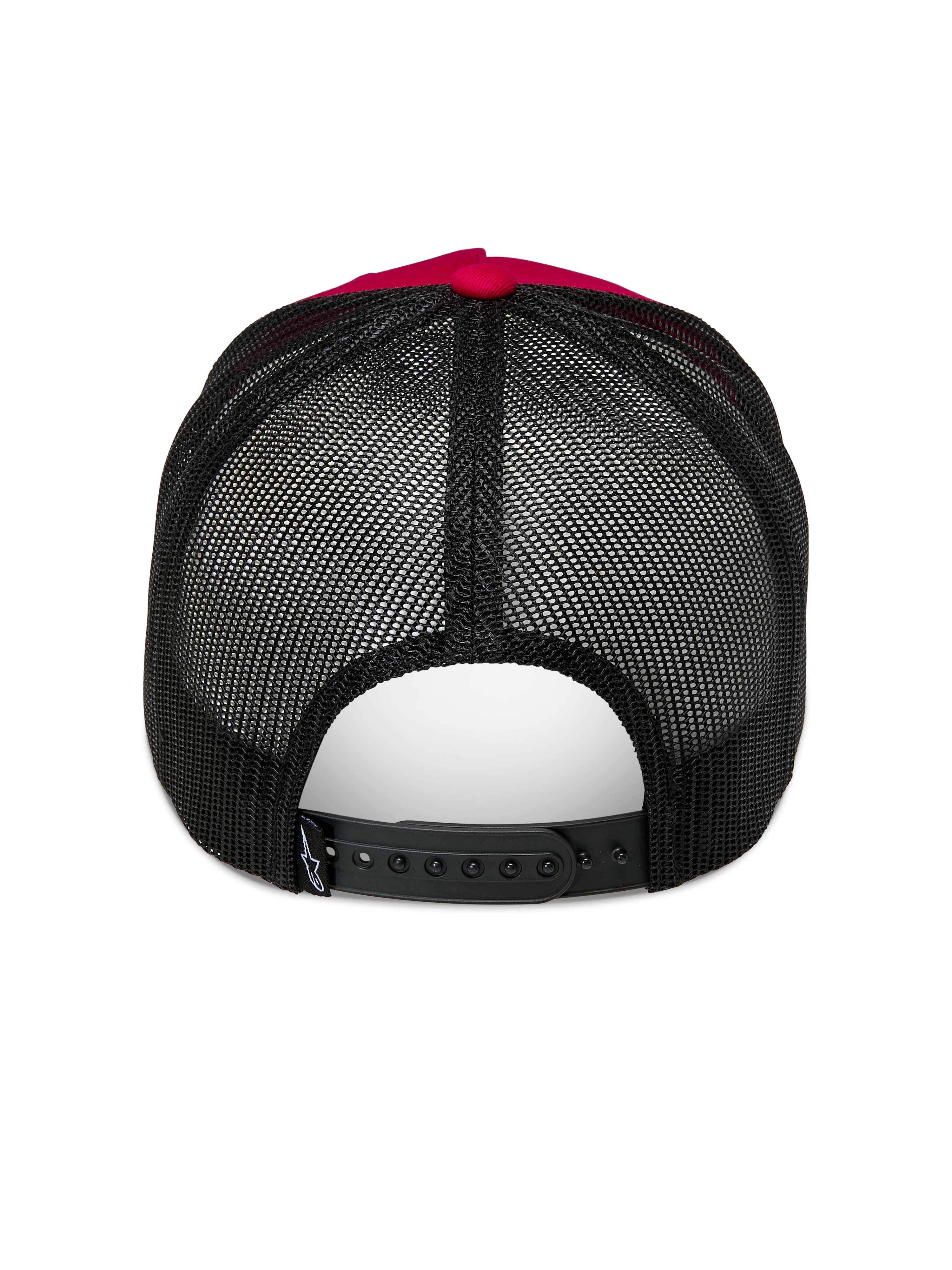 Alpinestars Ageless Trucker Hat, rød og sort, set bagfra med sort poly-mesh bagside og justerbar snapback-lukning, rød knap øverst og detaljer på kronen, casual motorsport-hovedbeklædning