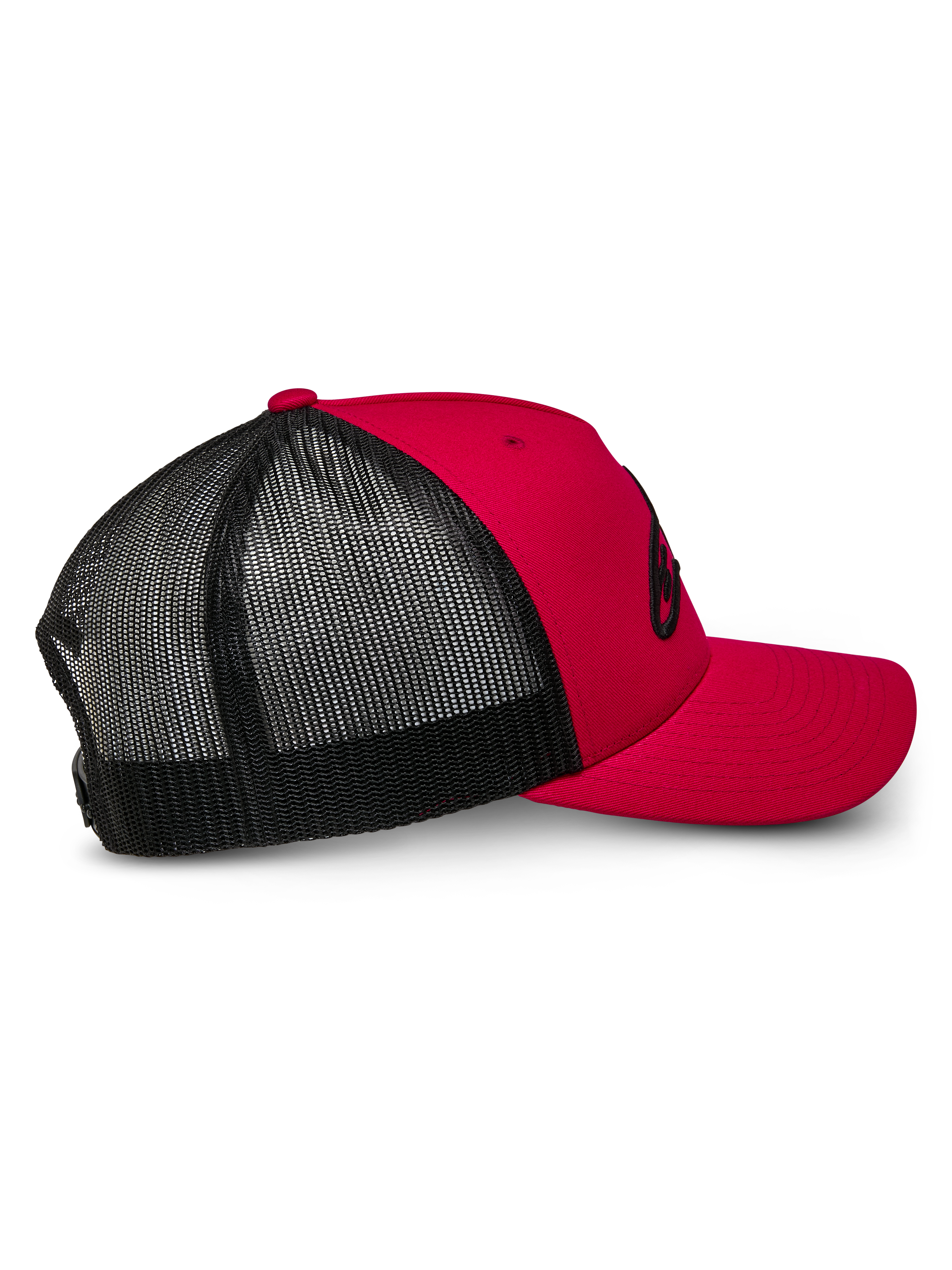 Alpinestars Ageless Trucker Hat, rød og sort, profilvisning der viser rød struktureret front og buet skygge med sorte åndbare mesh-paneler bagpå, afslappet motorsport-inspireret hovedbeklædning
