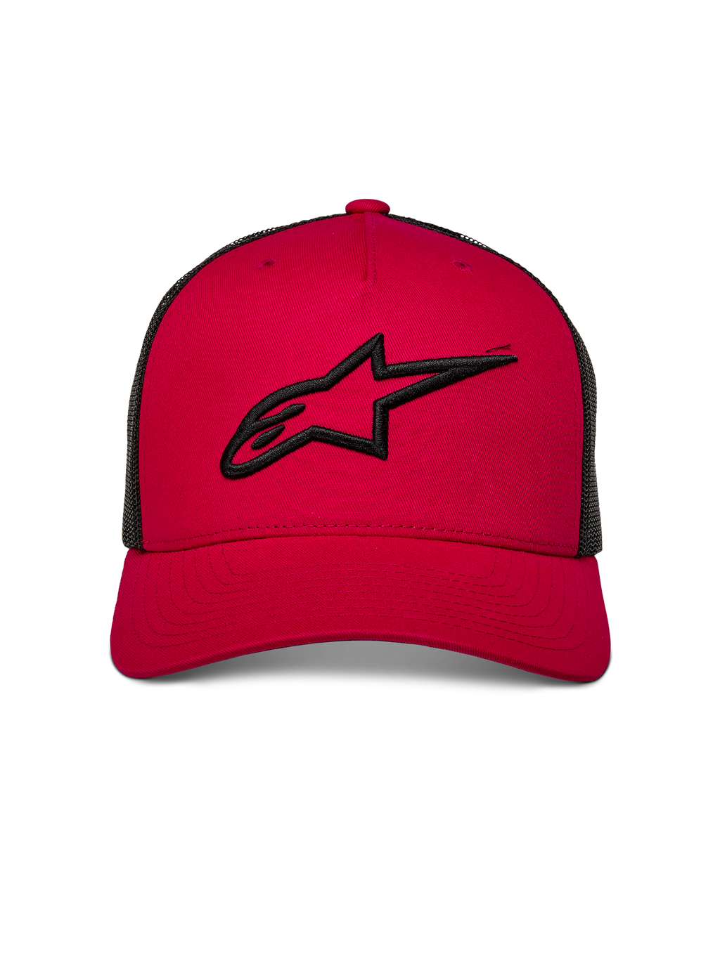 Alpinestars Ageless Trucker Hat, rød med sort mesh-bagside, sort 3D-broderet Astars-logo på forsiden, buet skygge, afslappet motorsport-inspireret hovedbeklædning