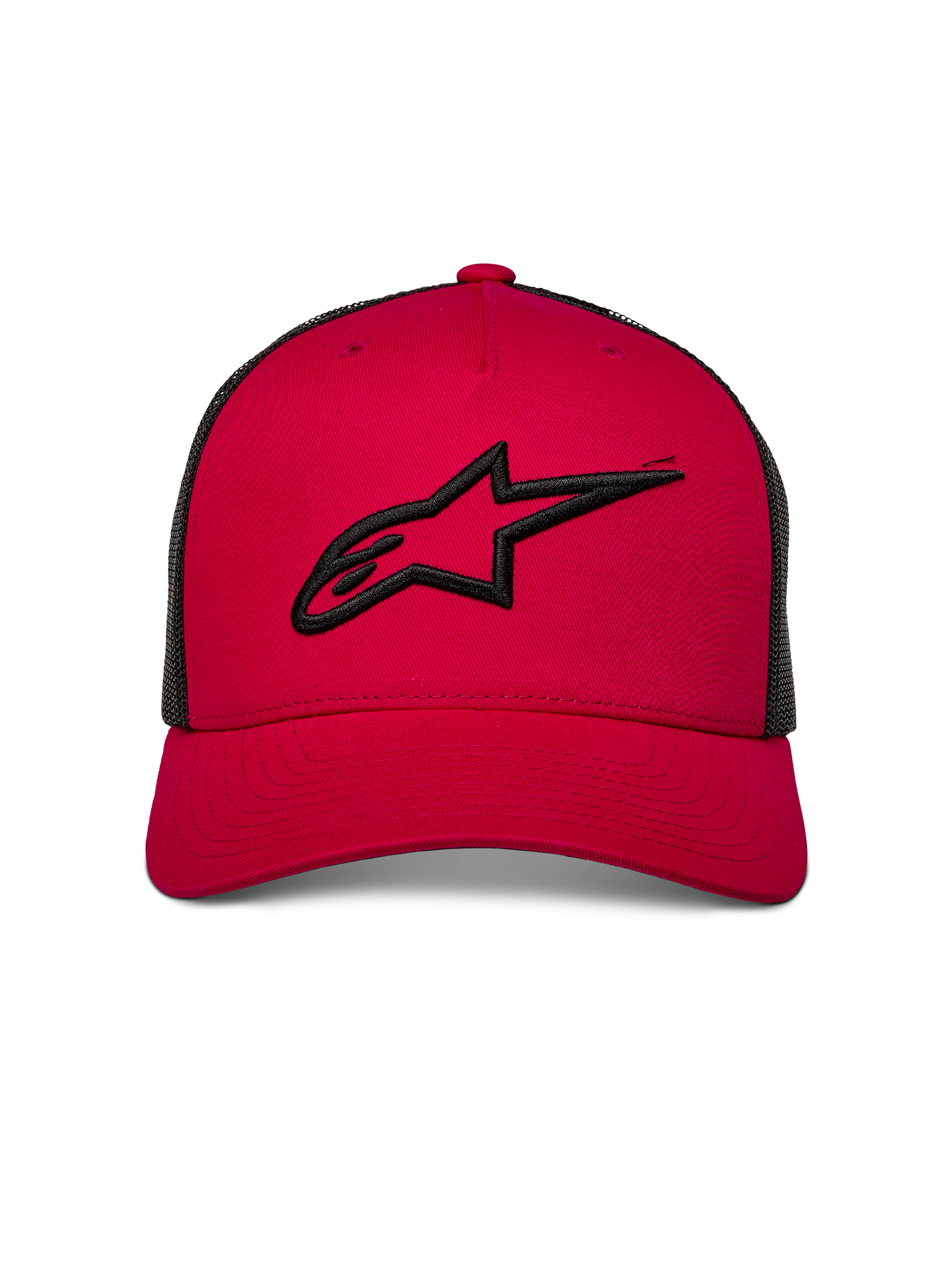Alpinestars Ageless Trucker Hat, rød med sort mesh-bagside, sort 3D-broderet Astars-logo på forsiden, buet skygge, afslappet motorsport-inspireret hovedbeklædning