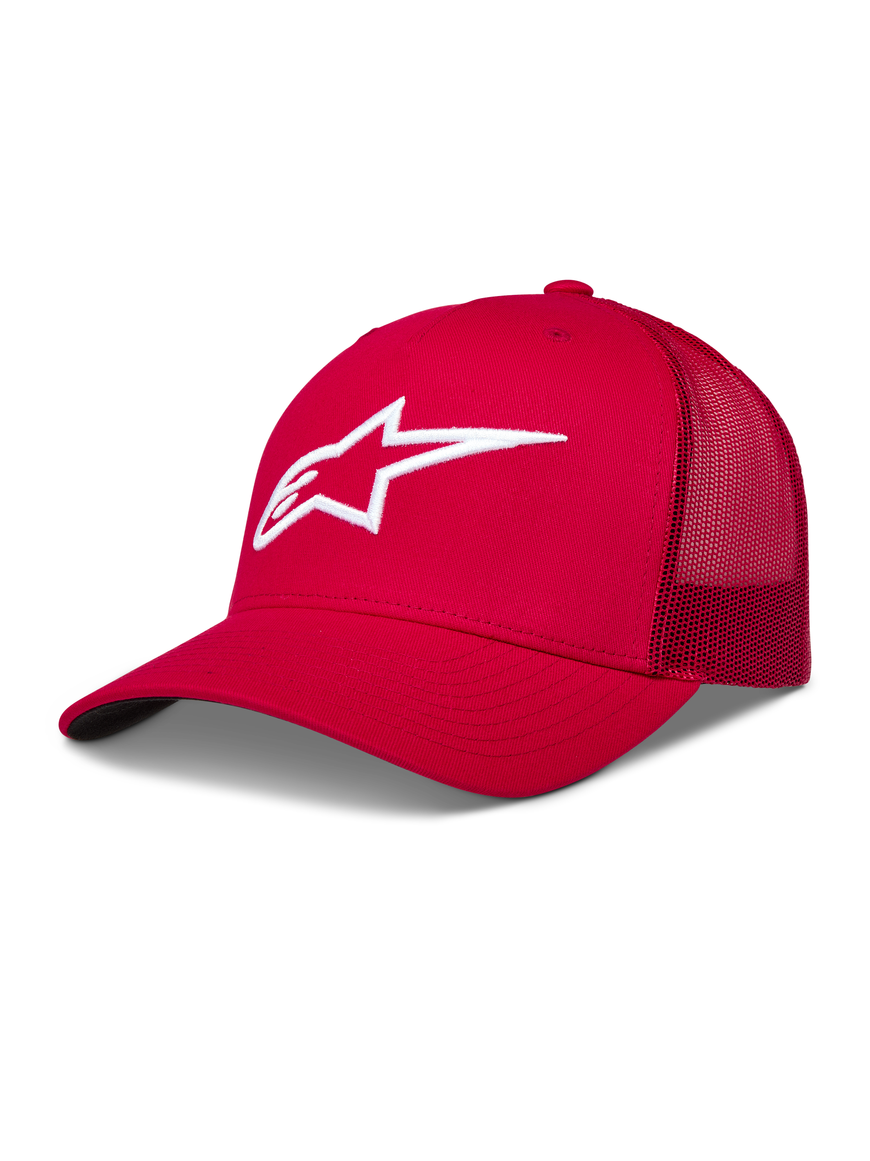 Alpinestars Ageless Snapback Hat, rød trucker-kasket med hvidt 3D Astars-logo og mesh-bagside, motorsport streetwear