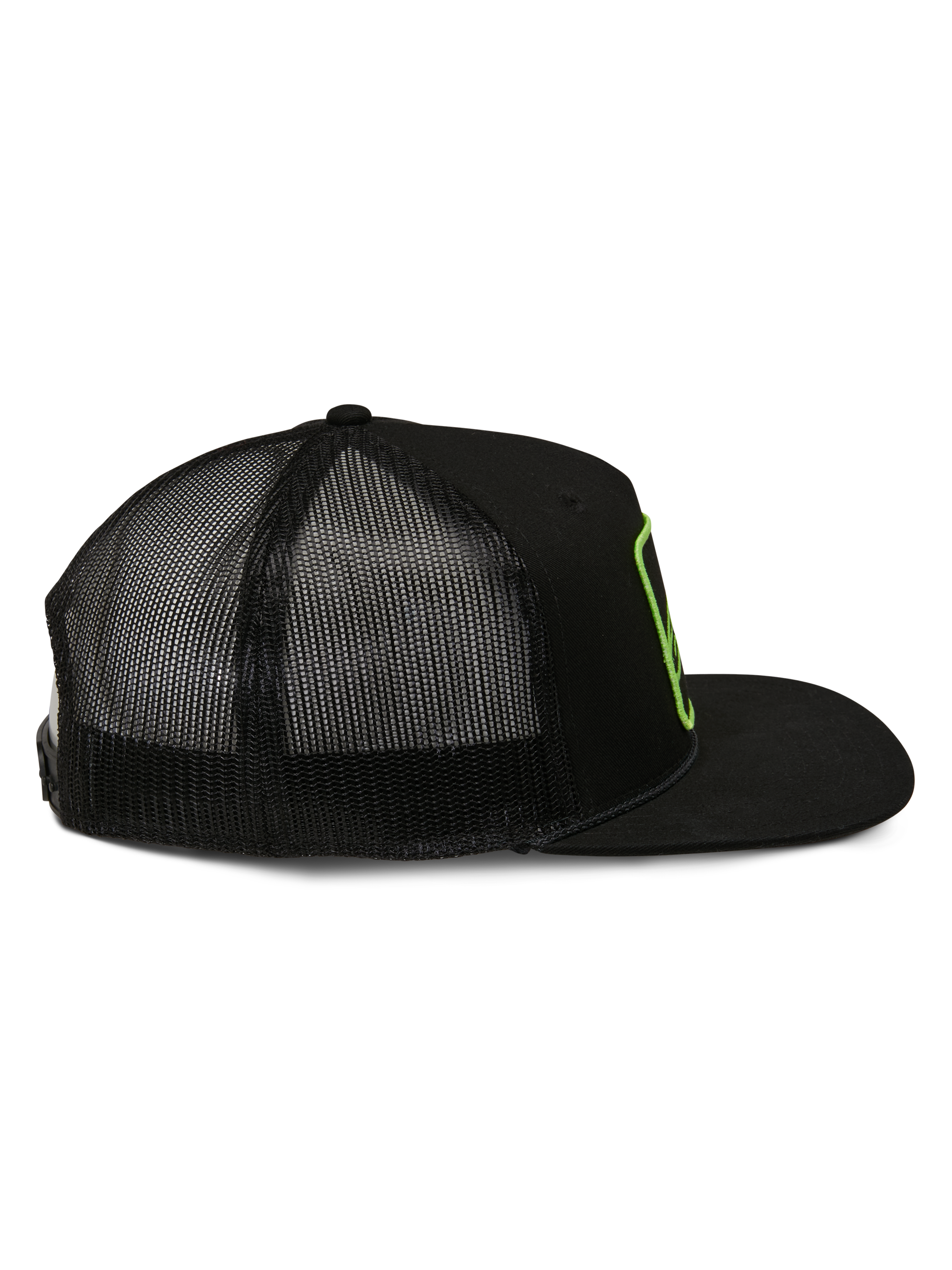 Alpinestars Control Trucker Hat, Trucker Hat, Black, Side View with Mesh Back and Flat Bill, Lime Green Embroidered Logo Outline, Casual Motorsport Streetwear