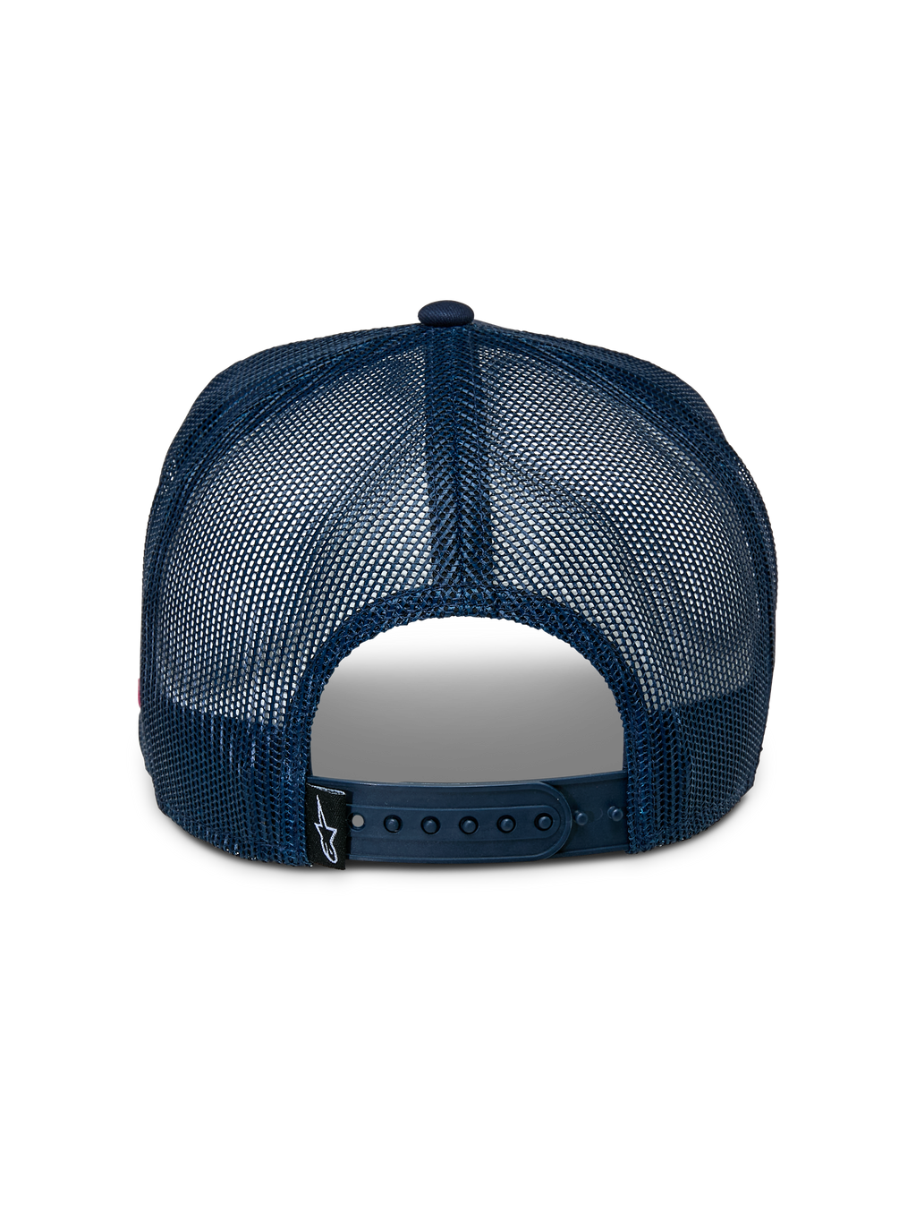 Alpinestars Control Trucker Hat, Rear View, Navy Blue Mesh Back, Adjustable Snapback Closure, Small Black Astars Logo Label, Casual Sportswear Accessory