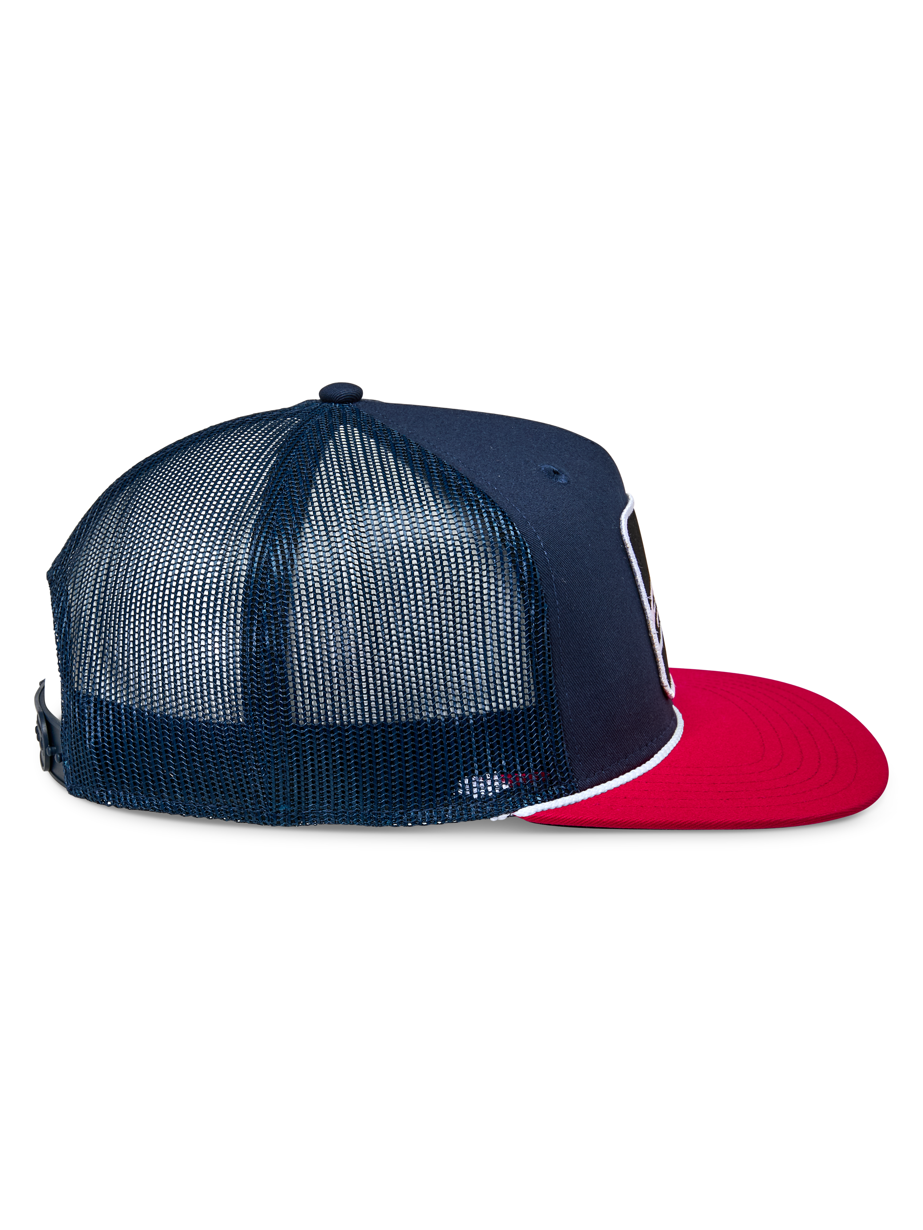 Alpinestars Control Trucker Hat, Navy and Red, Side profile view showing navy twill front and mesh back panels, flat red bill with white braided rope detail, casual motorsport-inspired headwear