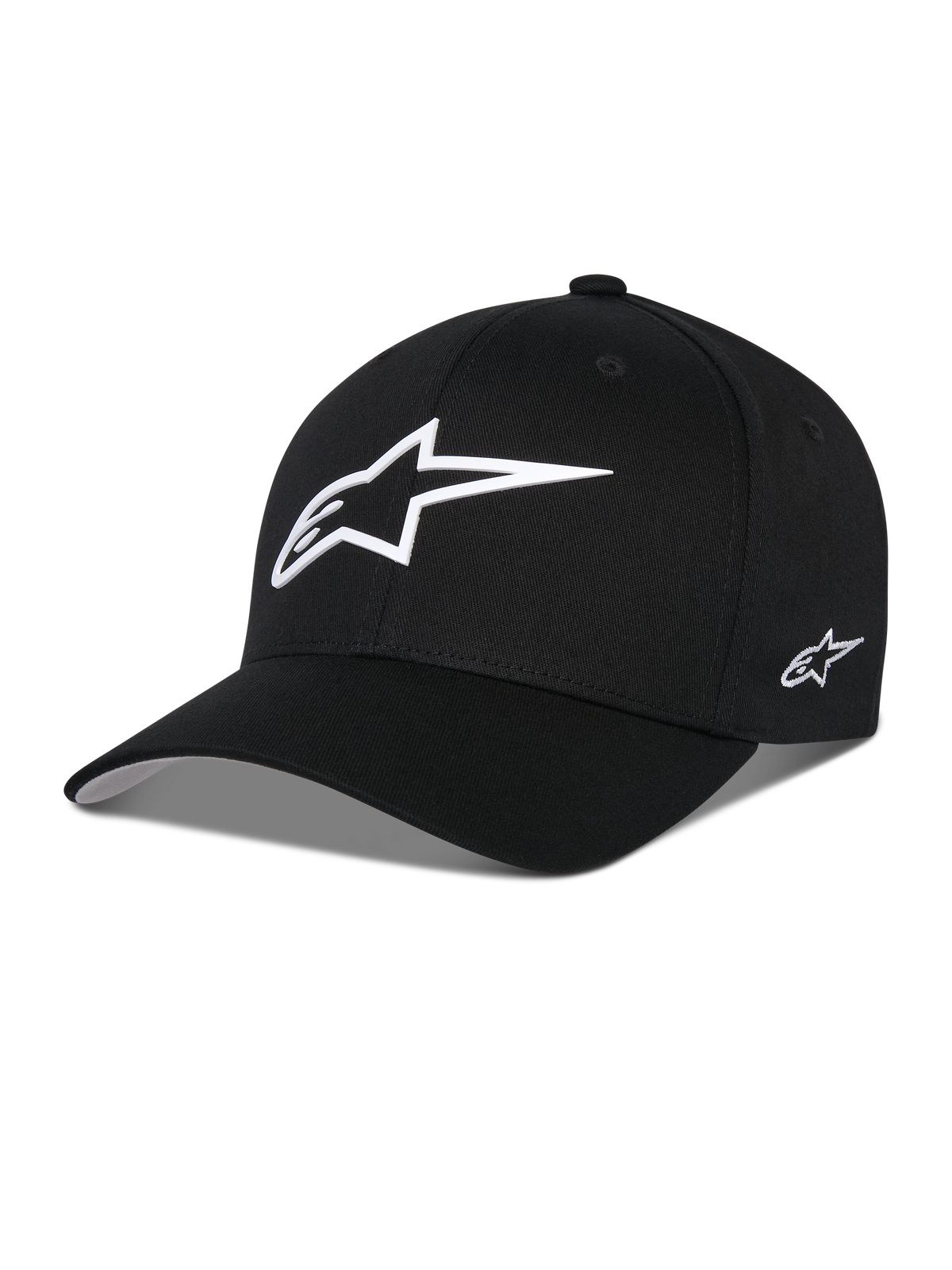 Alpinestars Ageless Multi Hat, sort baseballcap med et stort hvidt 3D-stjernelogo på fronten og et lille broderet logo på siden, buet skygge, struktureret krone, afslappet motorsport-inspireret hovedbeklædning
