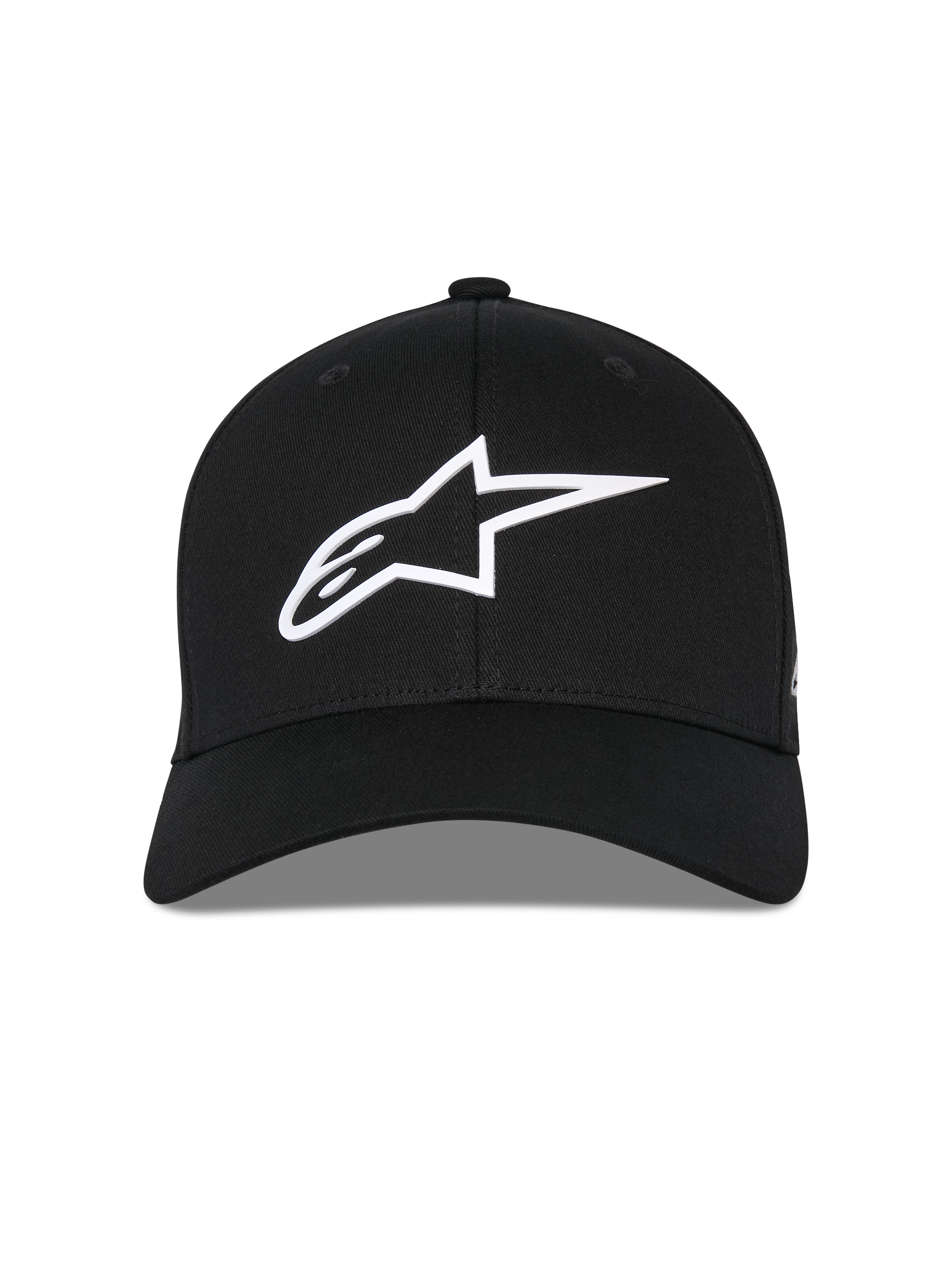 Alpinestars Ageless Multi Hat, Black Baseball Cap, Front View, White 3D Astars Logo, Curved Bill, Structured Crown, Casual Sportswear