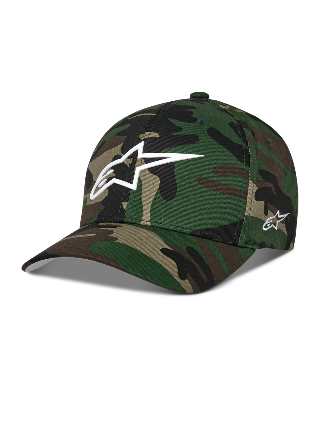 Alpinestars Ageless Multi Hat, baseballkasket i grøn camouflage, hvidt 3D Astars-logo på fronten og sidebroderi, buet skygge, struktureret krone, afslappet motorsport-inspireret streetwear