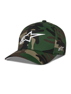 Alpinestars Ageless Multi Hat, baseballkasket i grøn camouflage, hvidt 3D Astars-logo på fronten og sidebroderi, buet skygge, struktureret krone, afslappet motorsport-inspireret streetwear