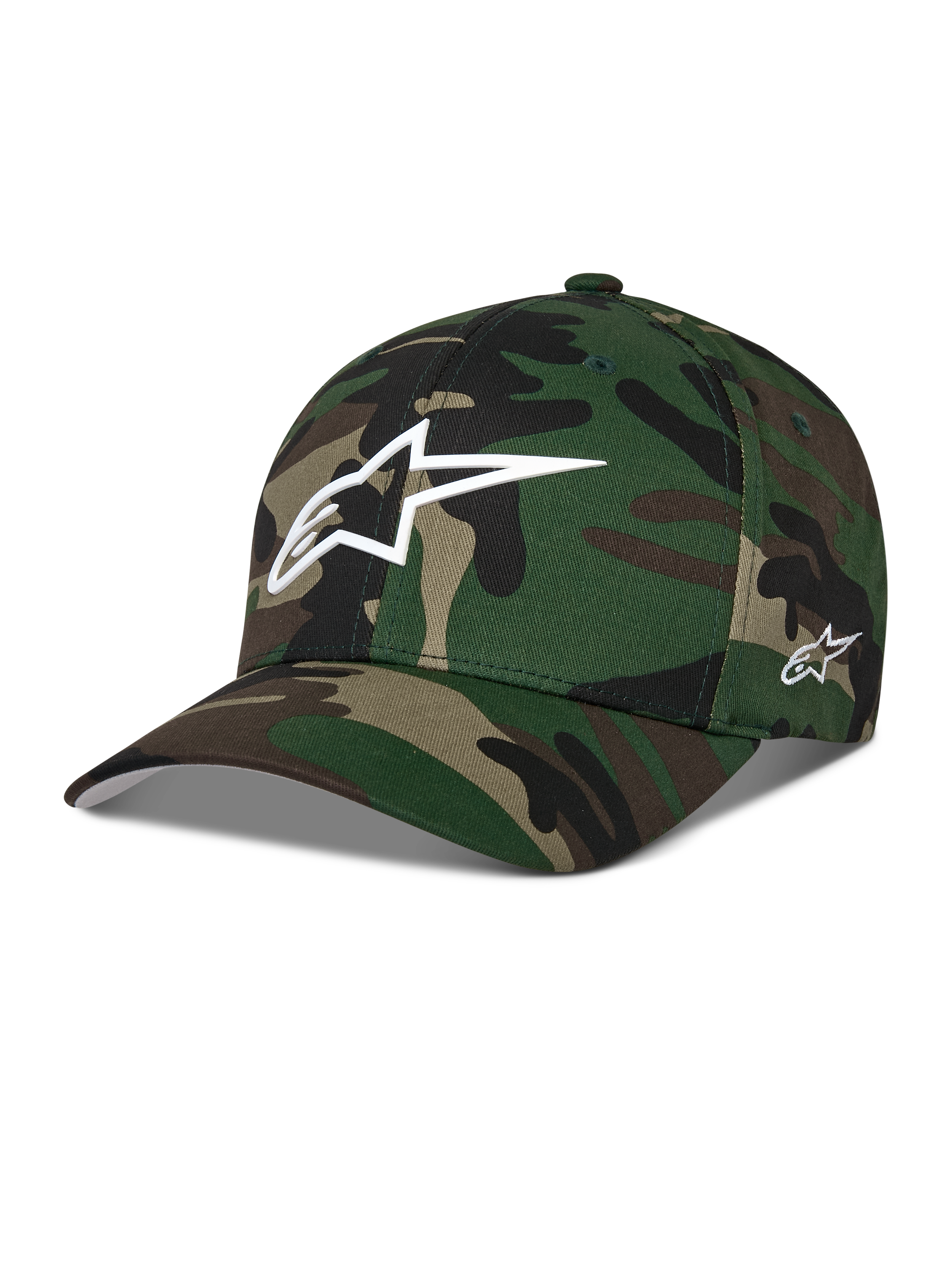 Alpinestars Ageless Multi Hat, baseballkasket i grøn camouflage, hvidt 3D Astars-logo på fronten og sidebroderi, buet skygge, struktureret krone, afslappet motorsport-inspireret streetwear
