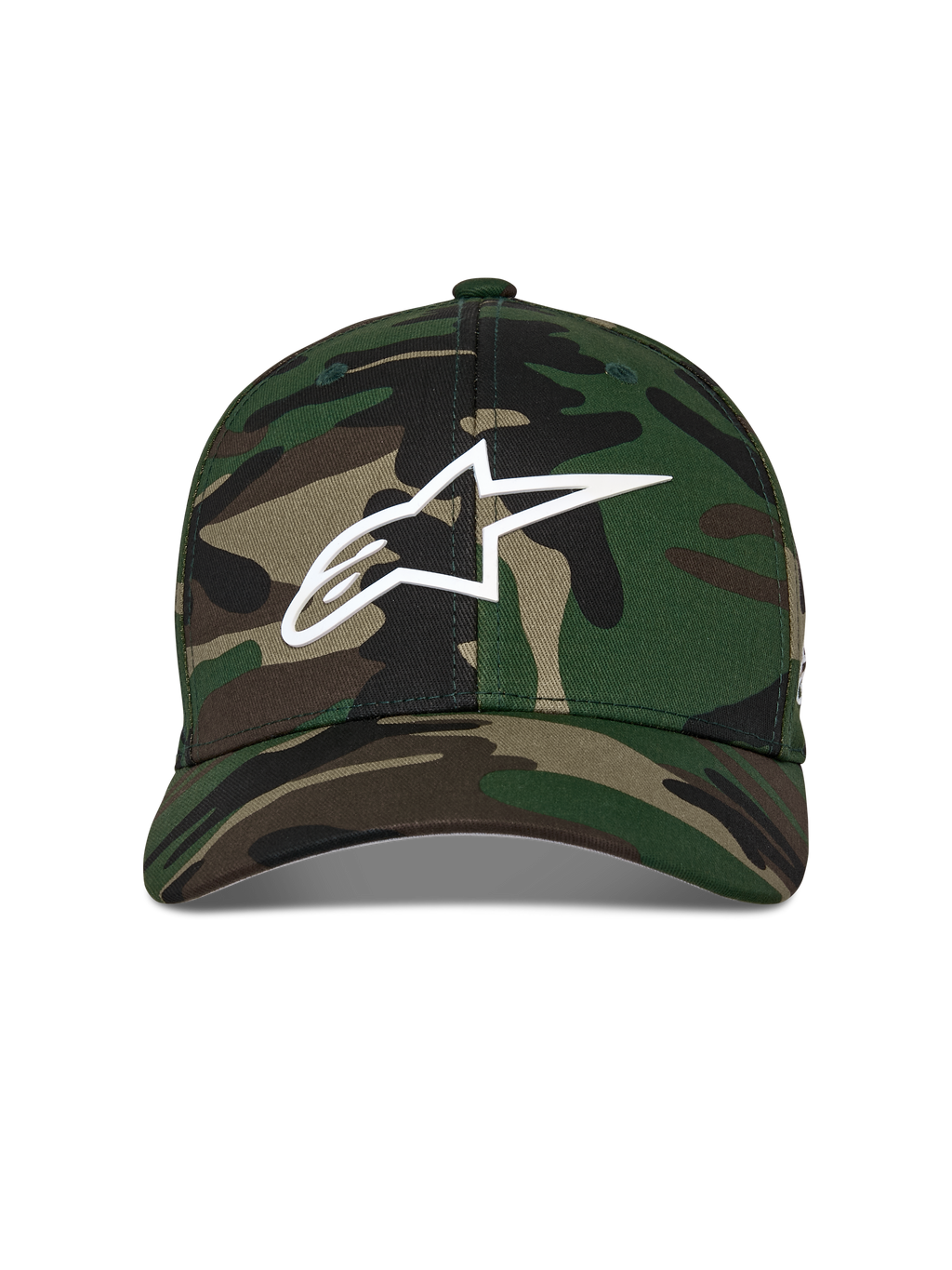 Alpinestars Ageless Multi Hat, baseballkasket, grøn camouflage, med et hvidt 3D-printet Astars-logo på fronten, struktureret krone med buet skygge, casual motorsport-inspireret hovedbeklædning