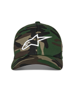 Alpinestars Ageless Multi Hat, baseballkasket, grøn camouflage, med et hvidt 3D-printet Astars-logo på fronten, struktureret krone med buet skygge, casual motorsport-inspireret hovedbeklædning