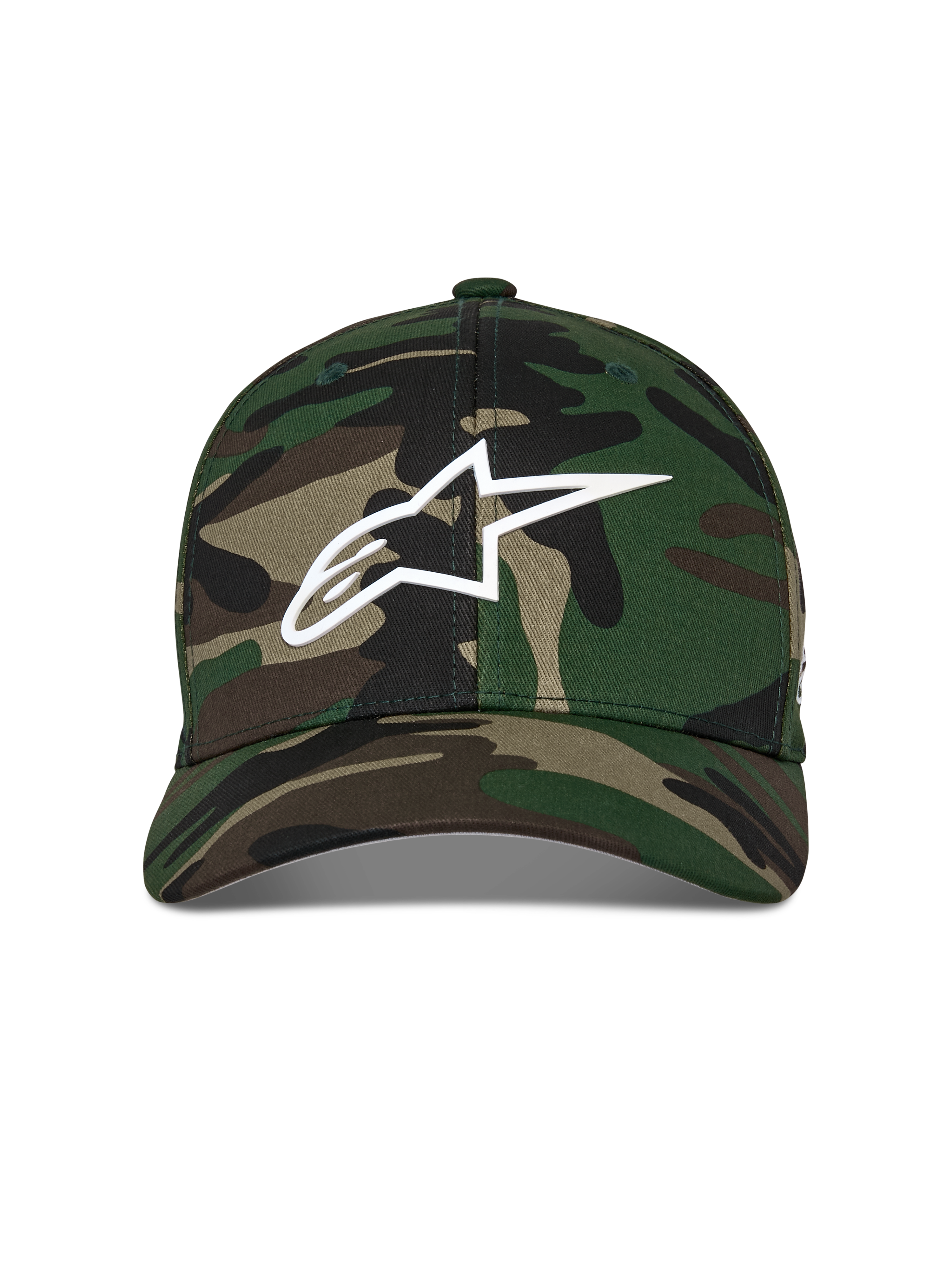 Alpinestars Ageless Multi Hat, baseballkasket, grøn camouflage, med et hvidt 3D-printet Astars-logo på fronten, struktureret krone med buet skygge, casual motorsport-inspireret hovedbeklædning