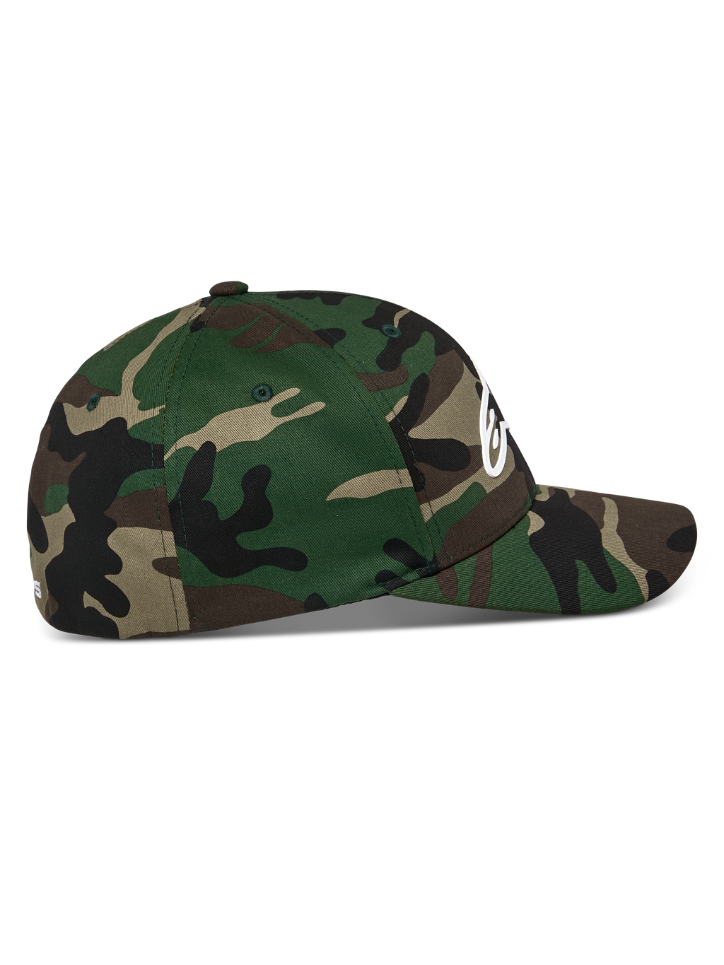 Alpinestars Ageless Multi kasket, grøn camouflage, set fra siden, buet skygge med struktureret krone, strækbar twill, hvidt 3D-printet Astars-logo på forsiden og fladt broderi på bagsiden, afslappet sportstøj